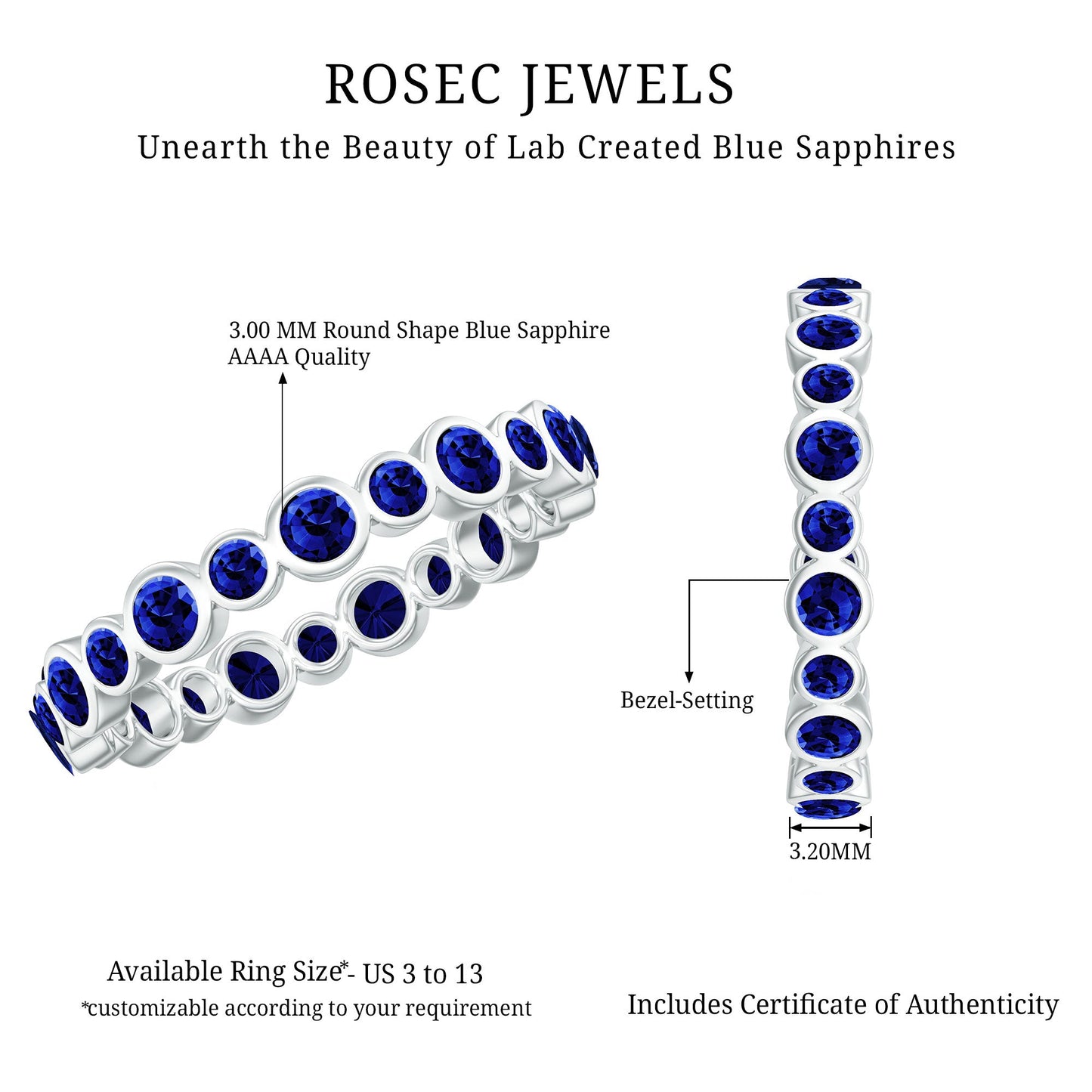 Bezel Set Round Created Blue Sapphire Unique Full Eternity Ring