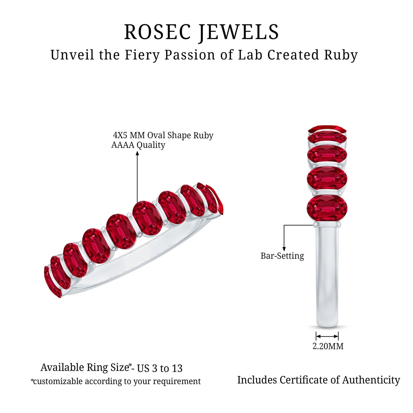 Oval Cut Created Ruby Half Eternity Ring in Bar Setting