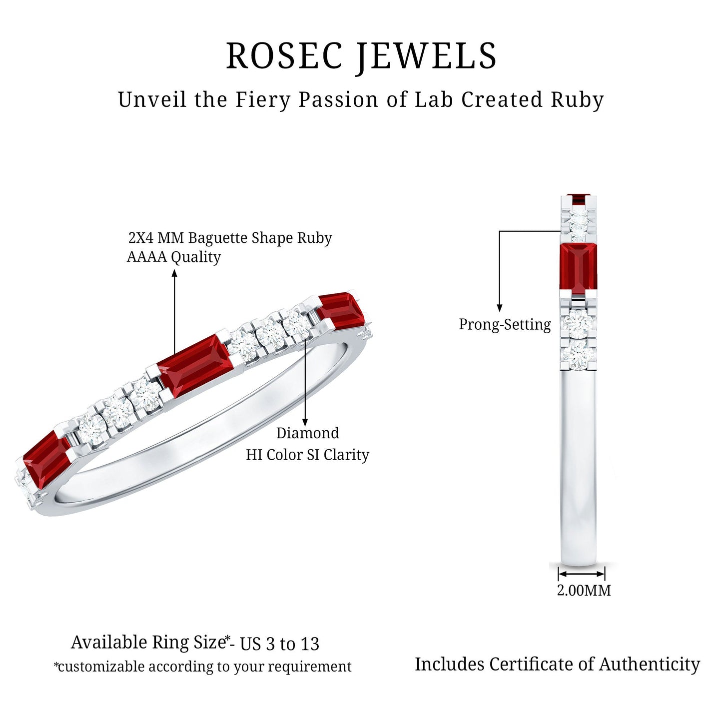 Baguette Cut Lab Grown Ruby Vintage Eternity Band with Diamond