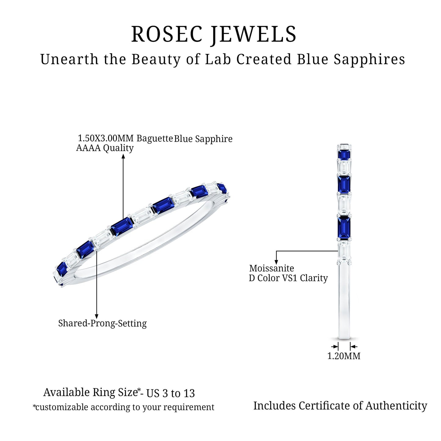 Lab Grown Blue Sapphire Baguette Eternity Ring with Moissanite