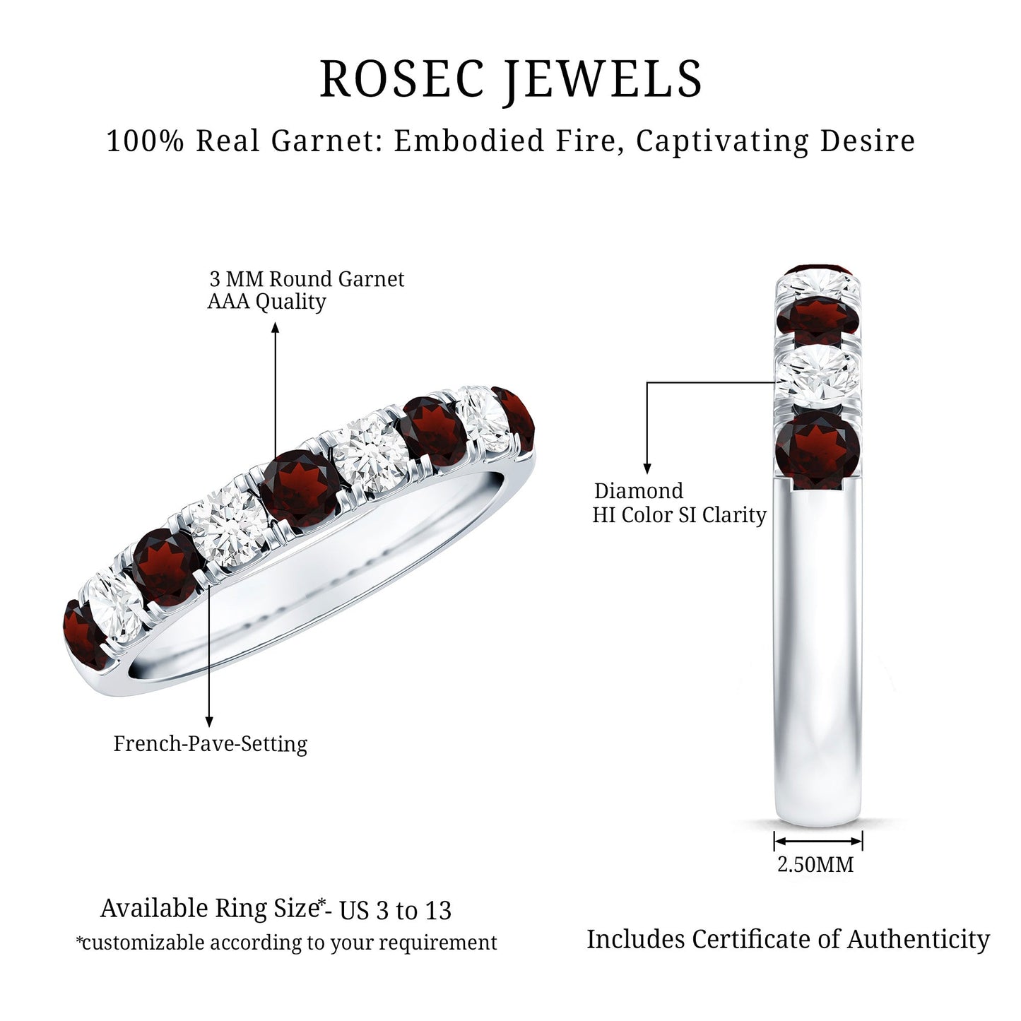 Genuine Garnet Diamond Half Eternity Wedding Ring