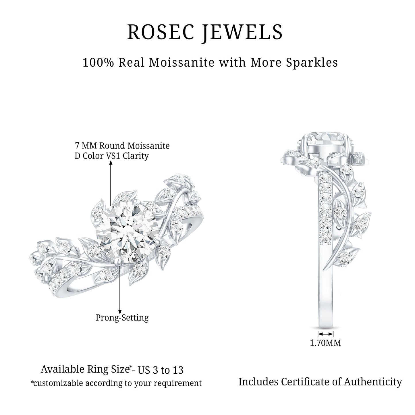 1.3 Carat Round Cut Moissanite Vine Engagement Ring for Women