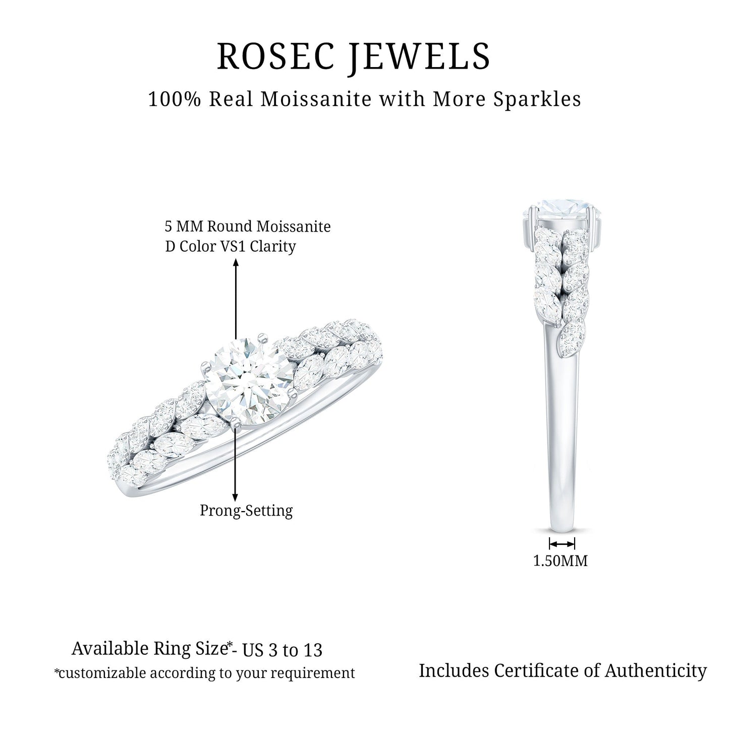Round Shape Moissanite Engagement Ring with Marquise Side Stones