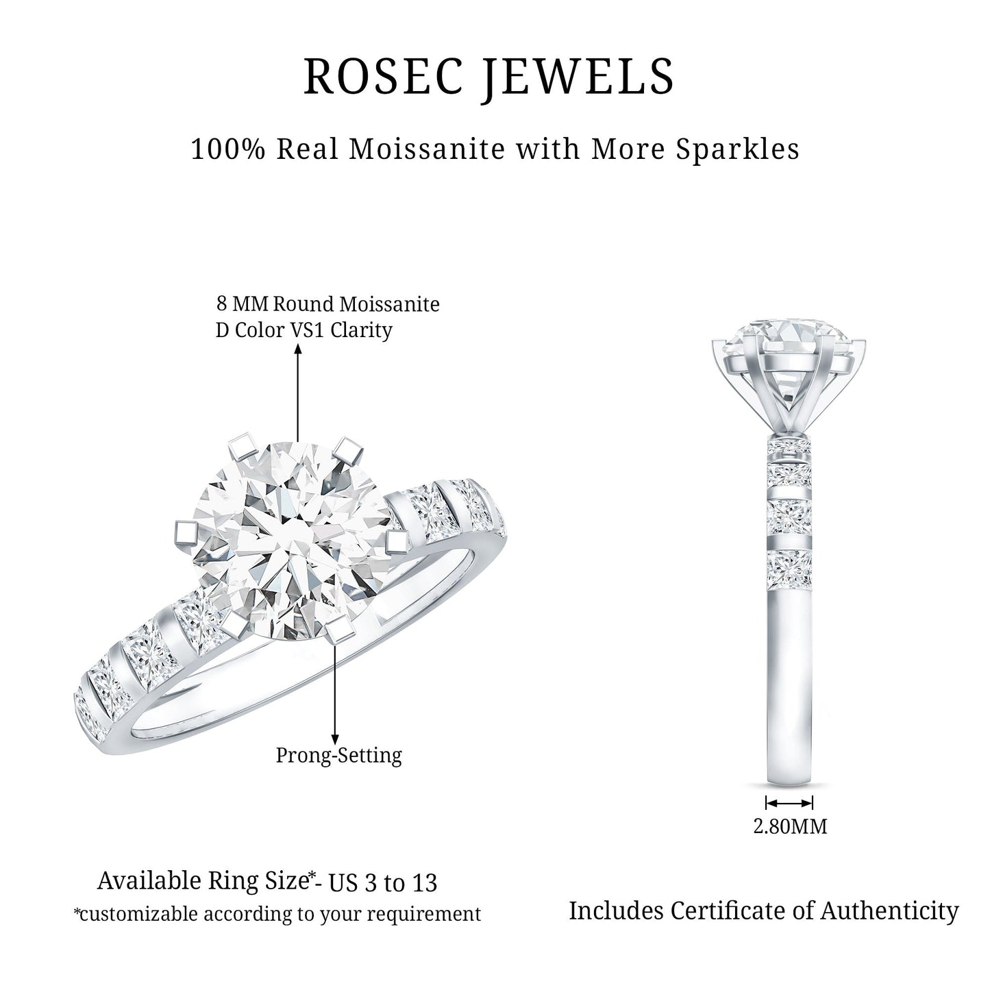Round Cut 2 CT Moissanite Solitaire Engagement Ring with Side Stones