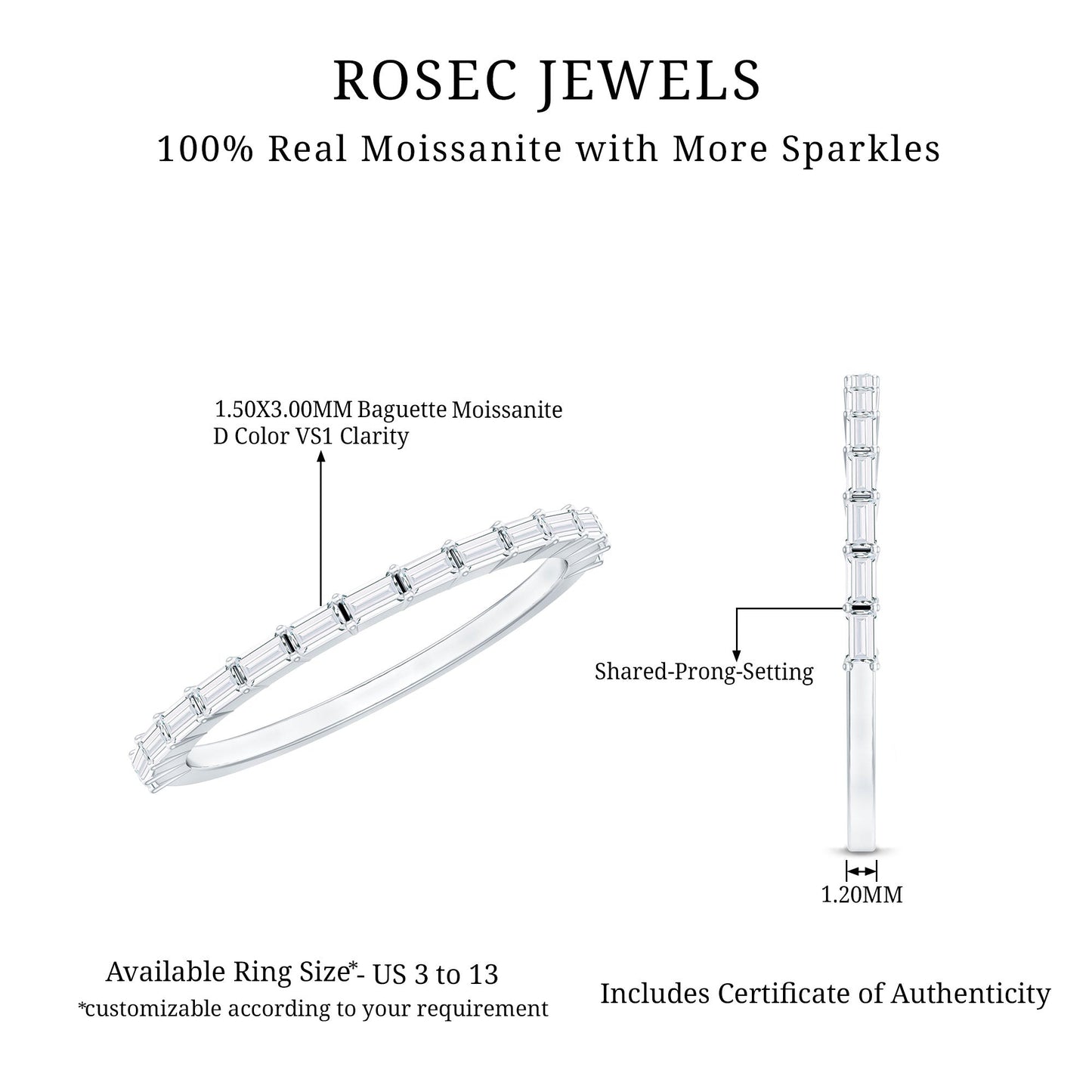 Baguette Shape Moissanite Half Eternity Stackable Ring