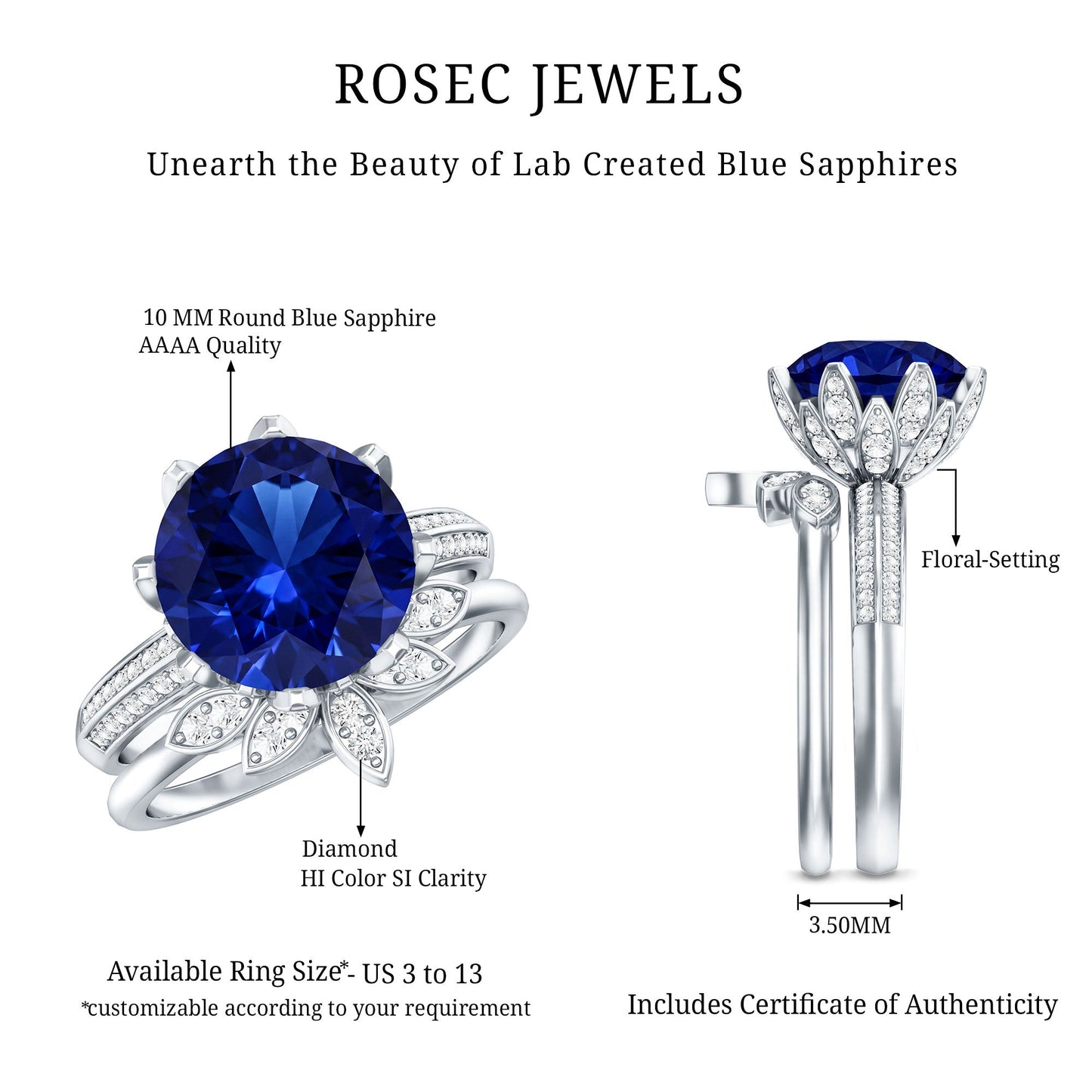 Nature Inspired 4.5 Carat Lab Grown Blue Sapphire Diamond Engagement Ring with Enhancer