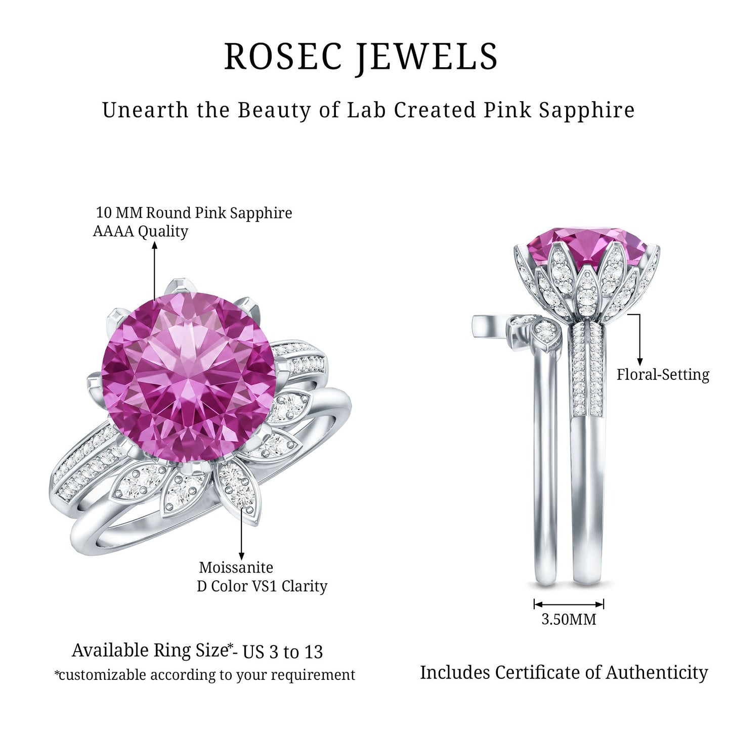 Floral Inspired Lab Grown Pink Sapphire Bridal Wedding Ring Set With Moissanite