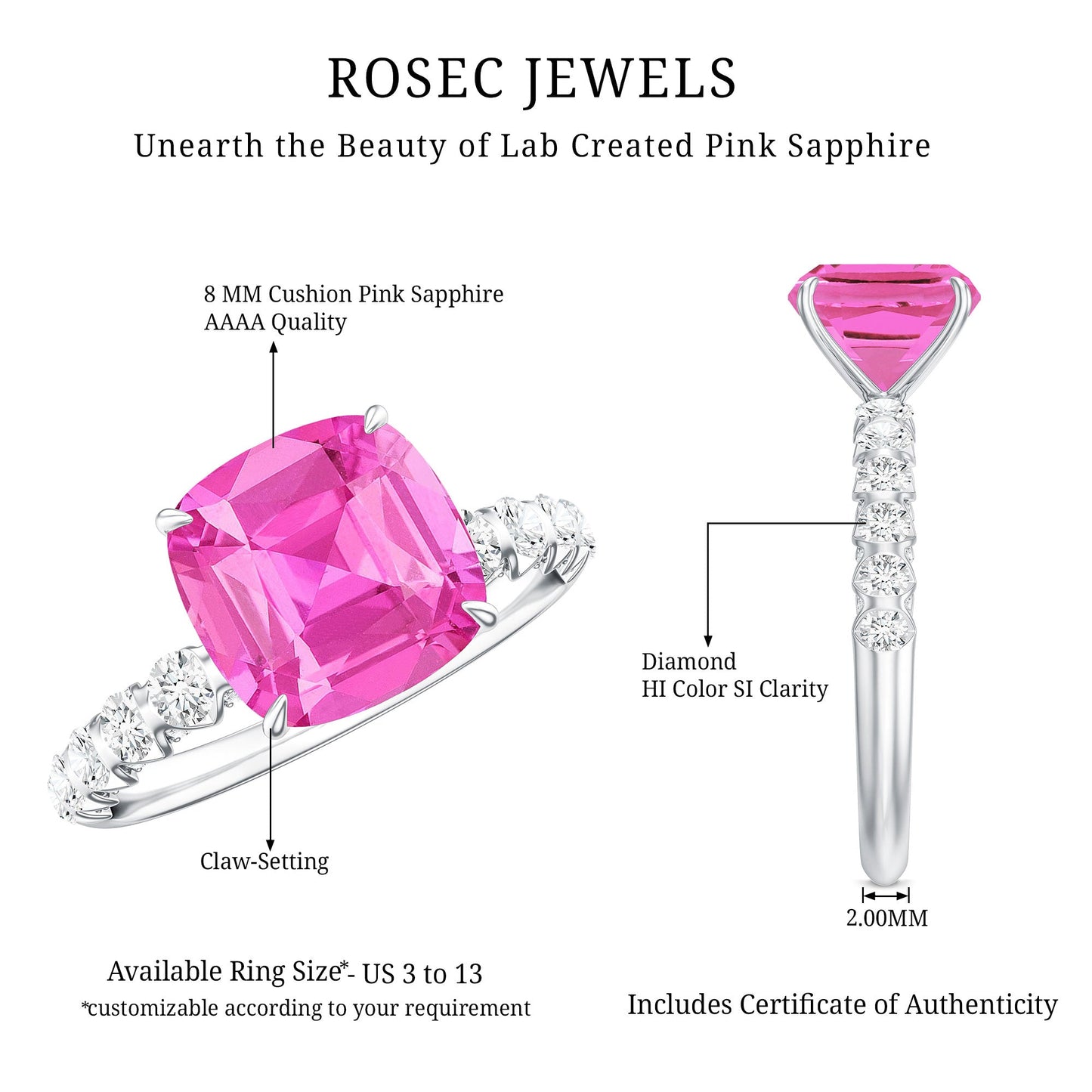 2.75 Carat Cushion Cut Lab Created Pink Sapphire Engagement Ring with Diamond