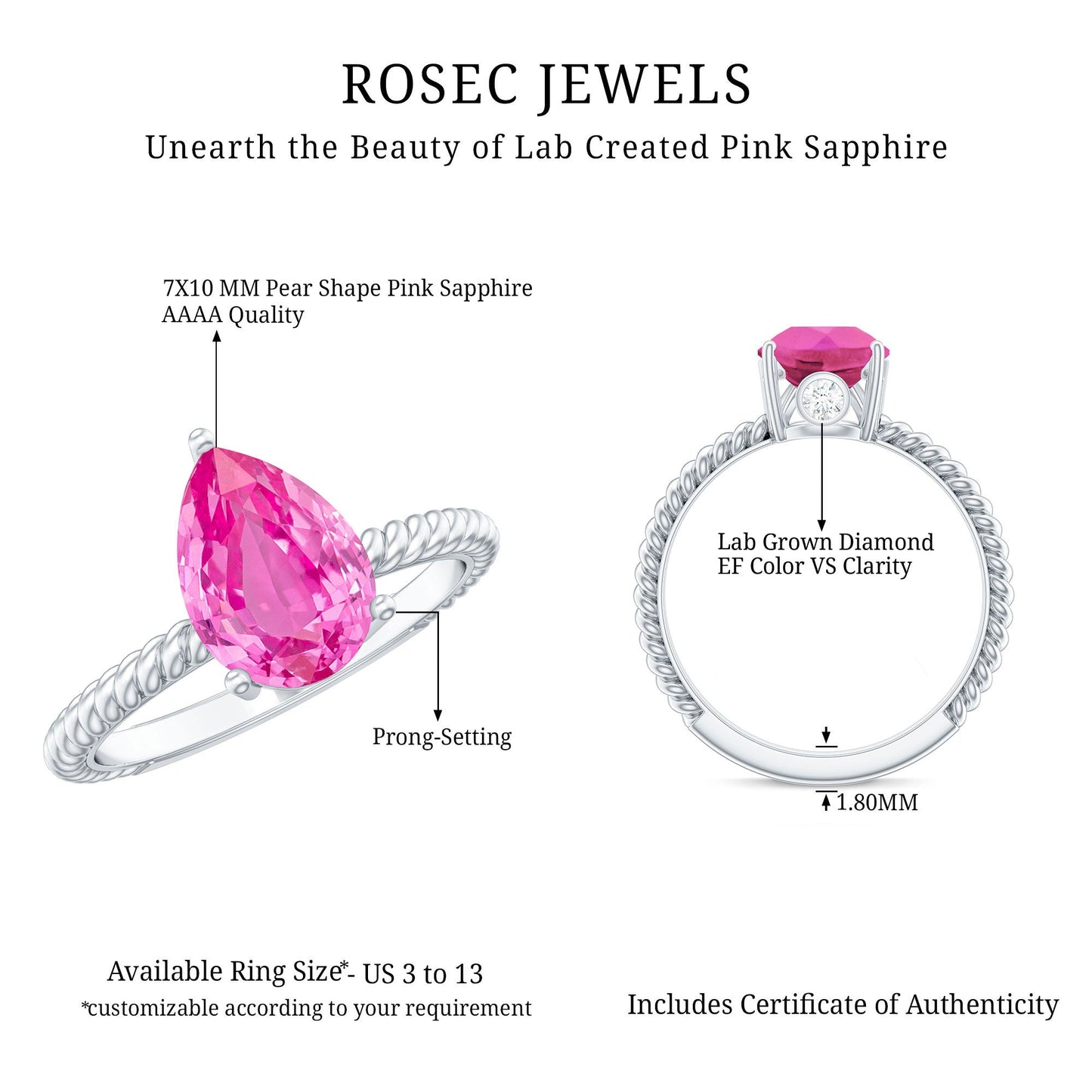 2.5 Carat Lab Created Pink Sapphire Teardrop Engagement Ring with Surprise Diamond