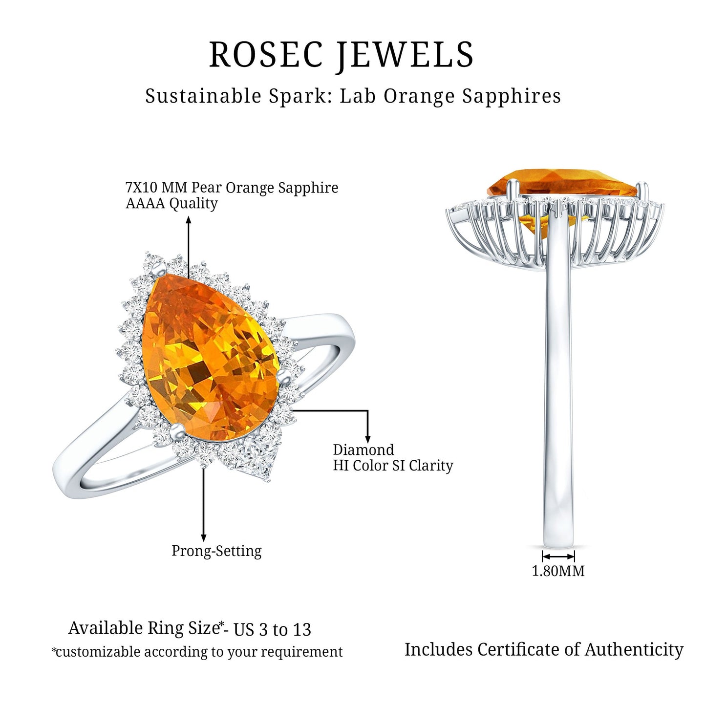 Certified 2.5 Carat Lab Grown Orange Sapphire Engagement Ring with Real Diamond Halo