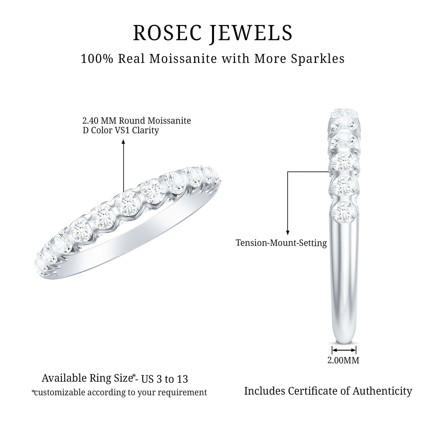 Certified Round Moissanite Half Eternity Wedding Band