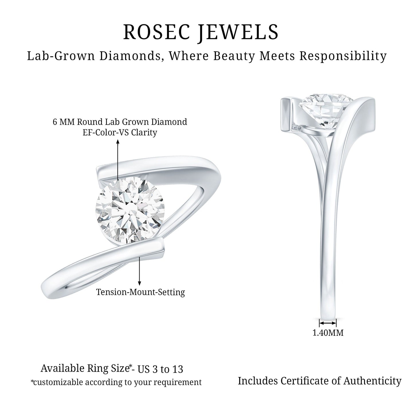 Certified 0.9 Carat Lab Grown Diamond Tension Setting Engagement Ring