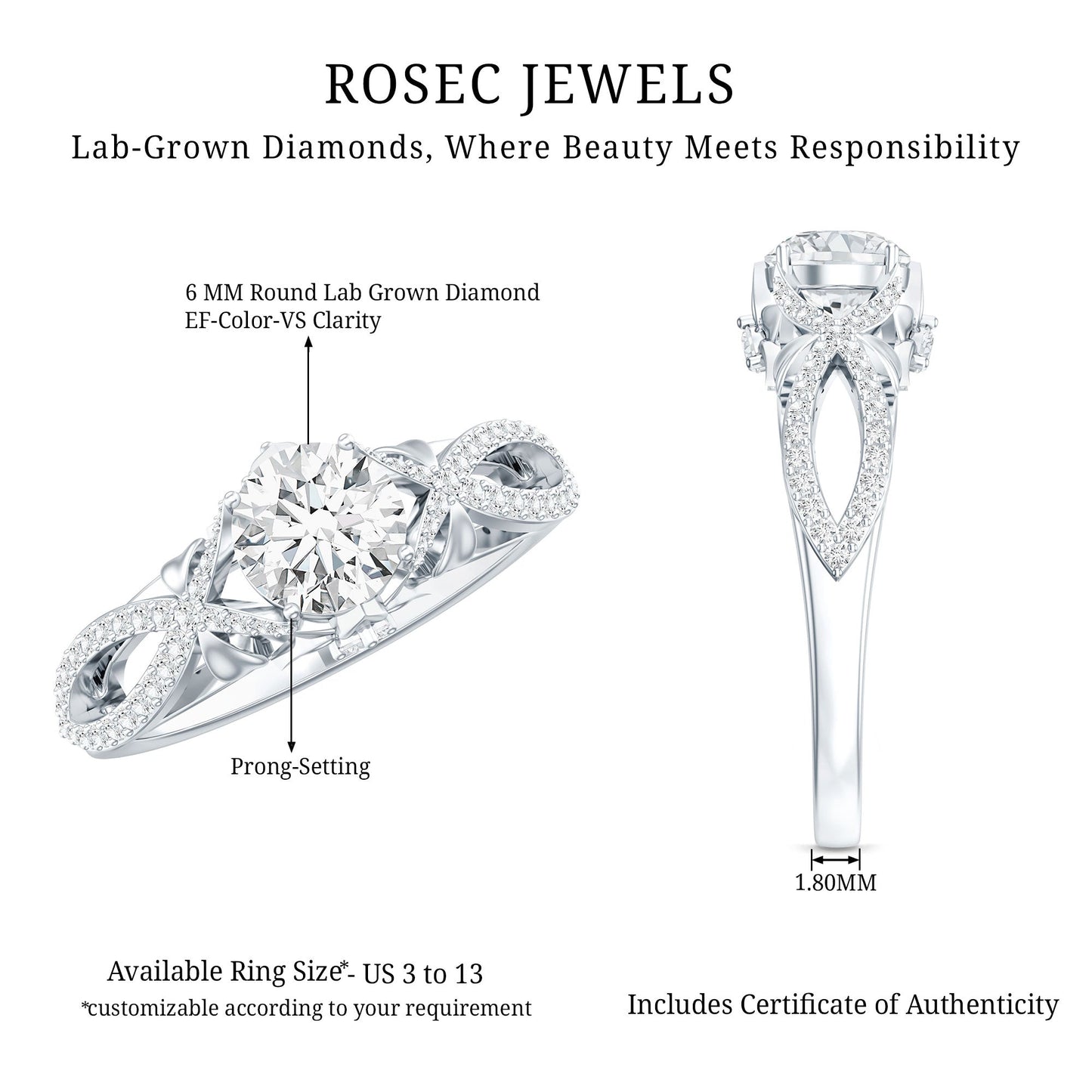 Certified 0.9 Carat Lab Grown Diamond Crossover Engagement Ring