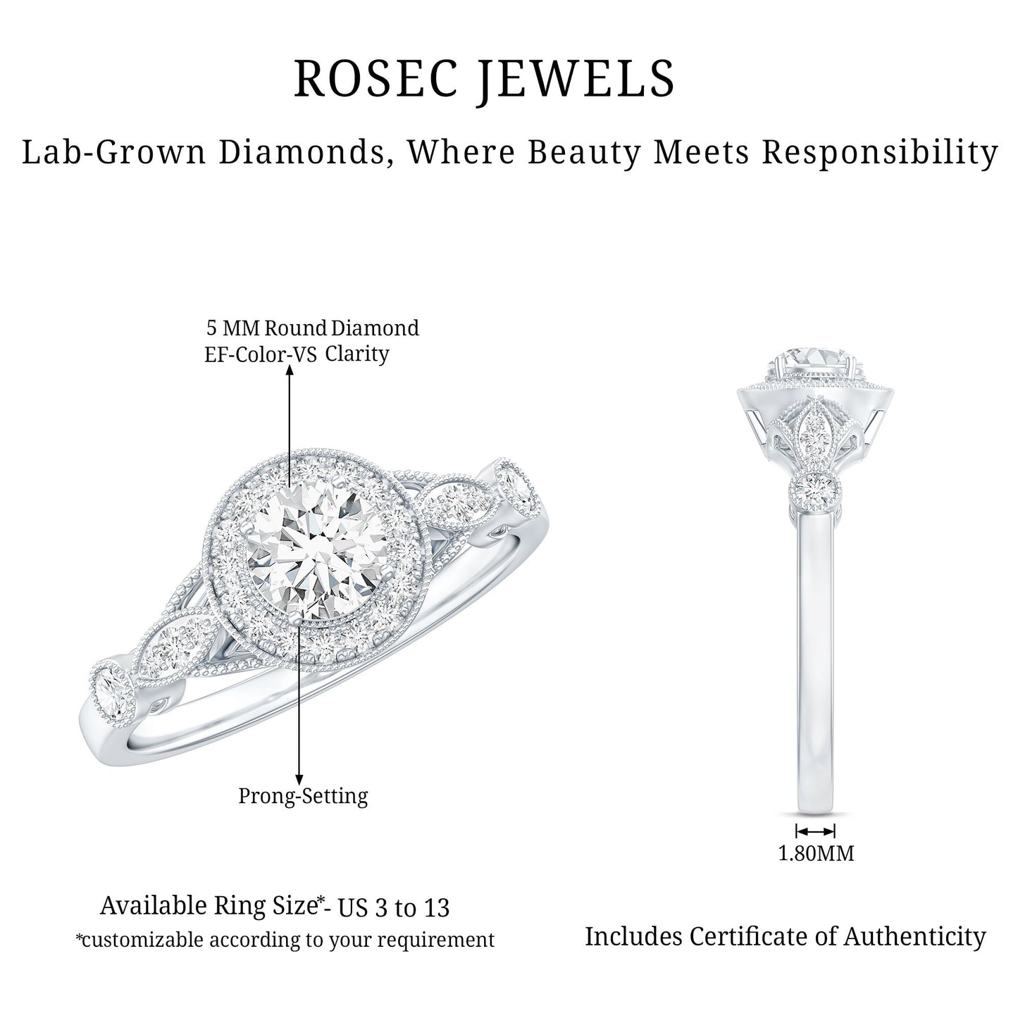 Vintage Looking 0.4 Carat Lab Grown Diamond Halo Engagement Ring With Side Stones