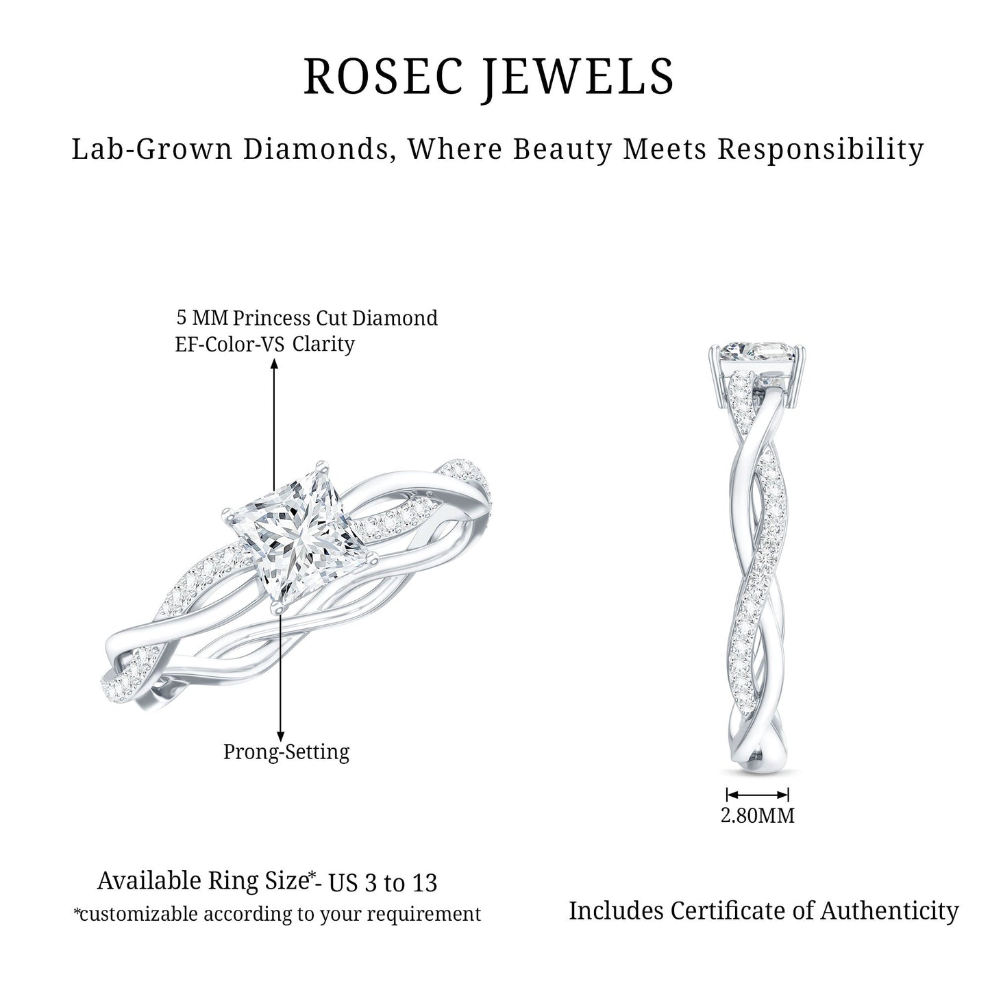 Certified 0.8 Carat Lab Grown Diamond Princess Cut Engagement Ring with Braided Band