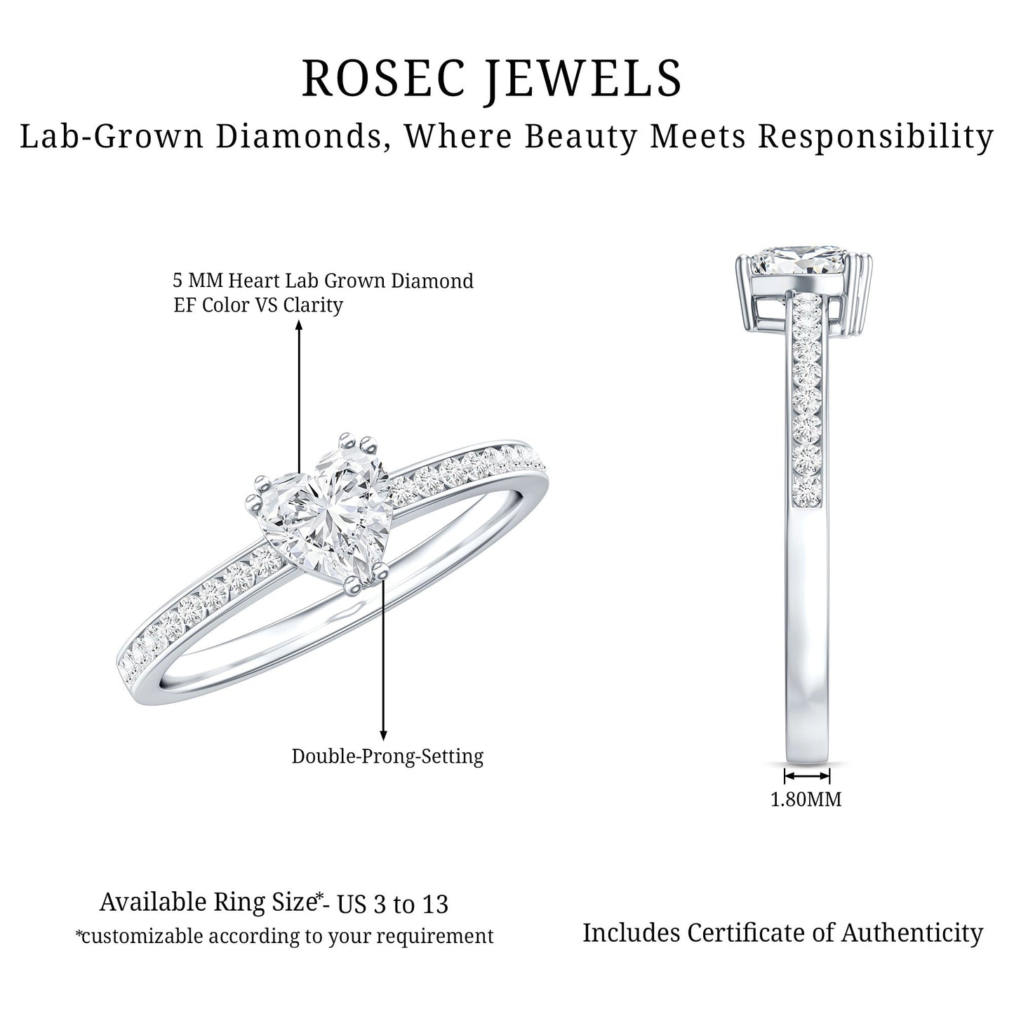 Lab Grown Diamond 0.5 Carat Heart Engagement Ring With Side Stones