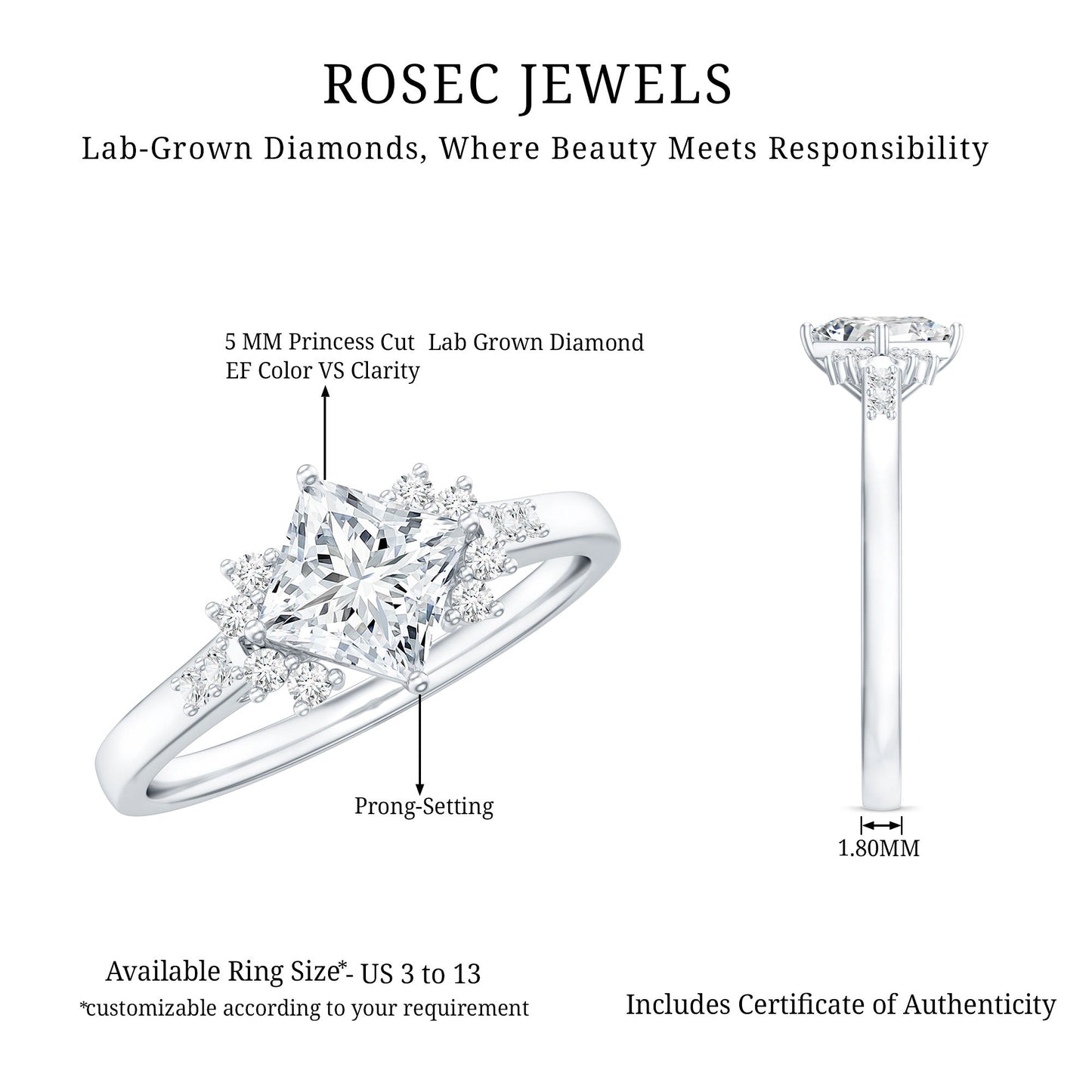 Certified 0.8 Carat Lab Grown Diamond Princess Cut Engagement Ring