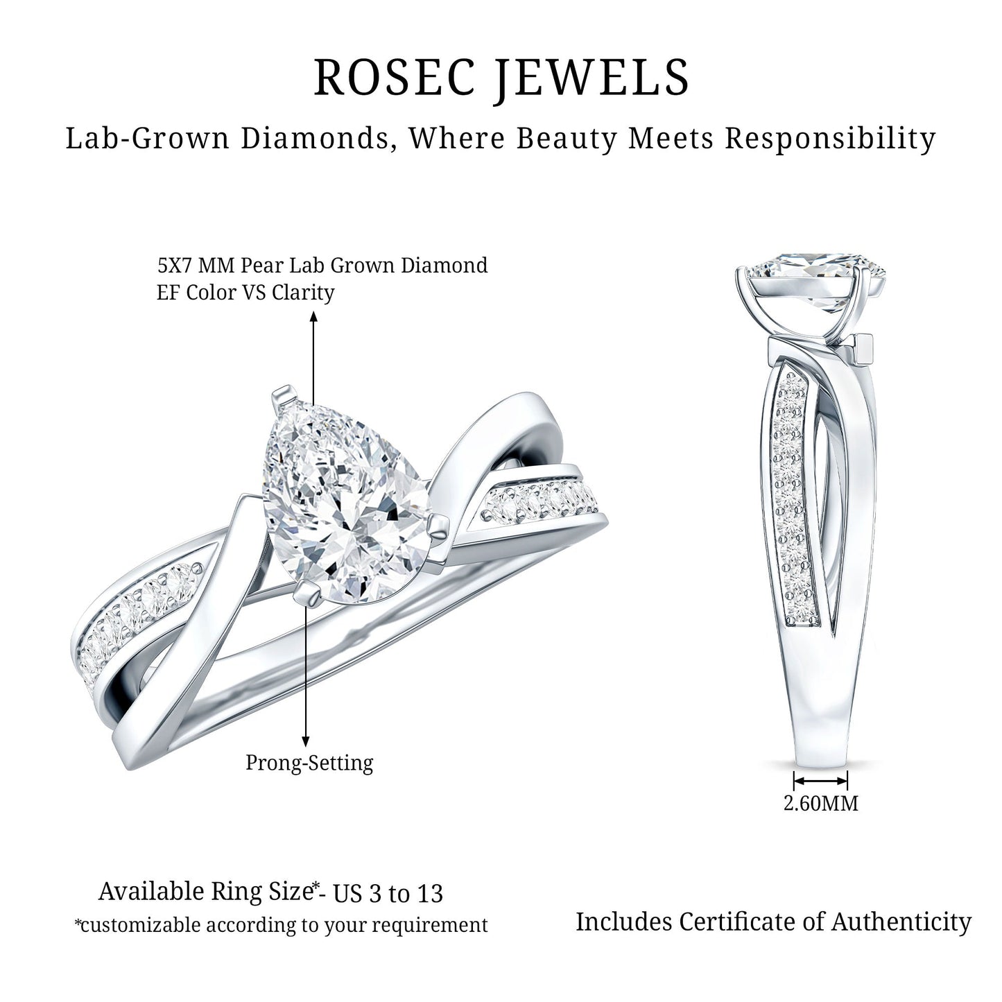 Certified 0.6 Carat Lab Grown Diamond Pear Shaped Engagement Ring