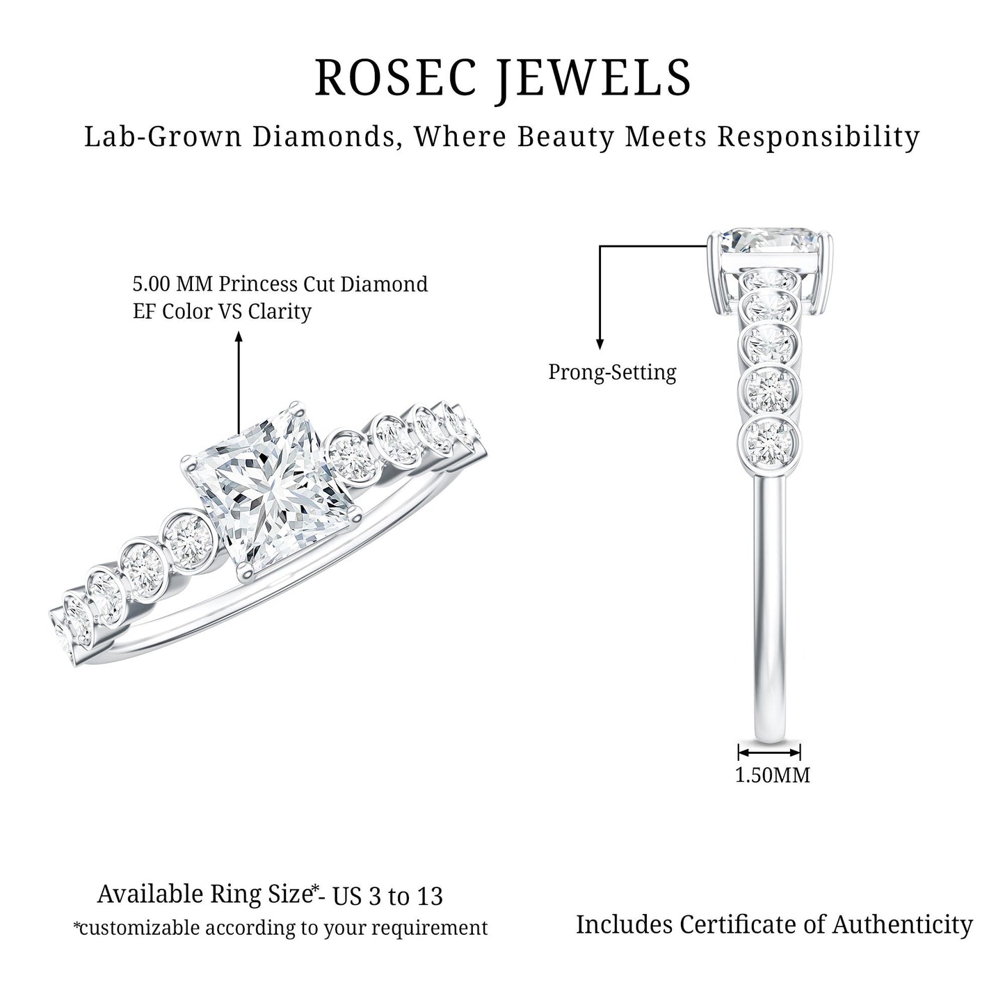 0.8 Carat Lab Grown Diamond Princess Cut Engagement Ring With Side Stones