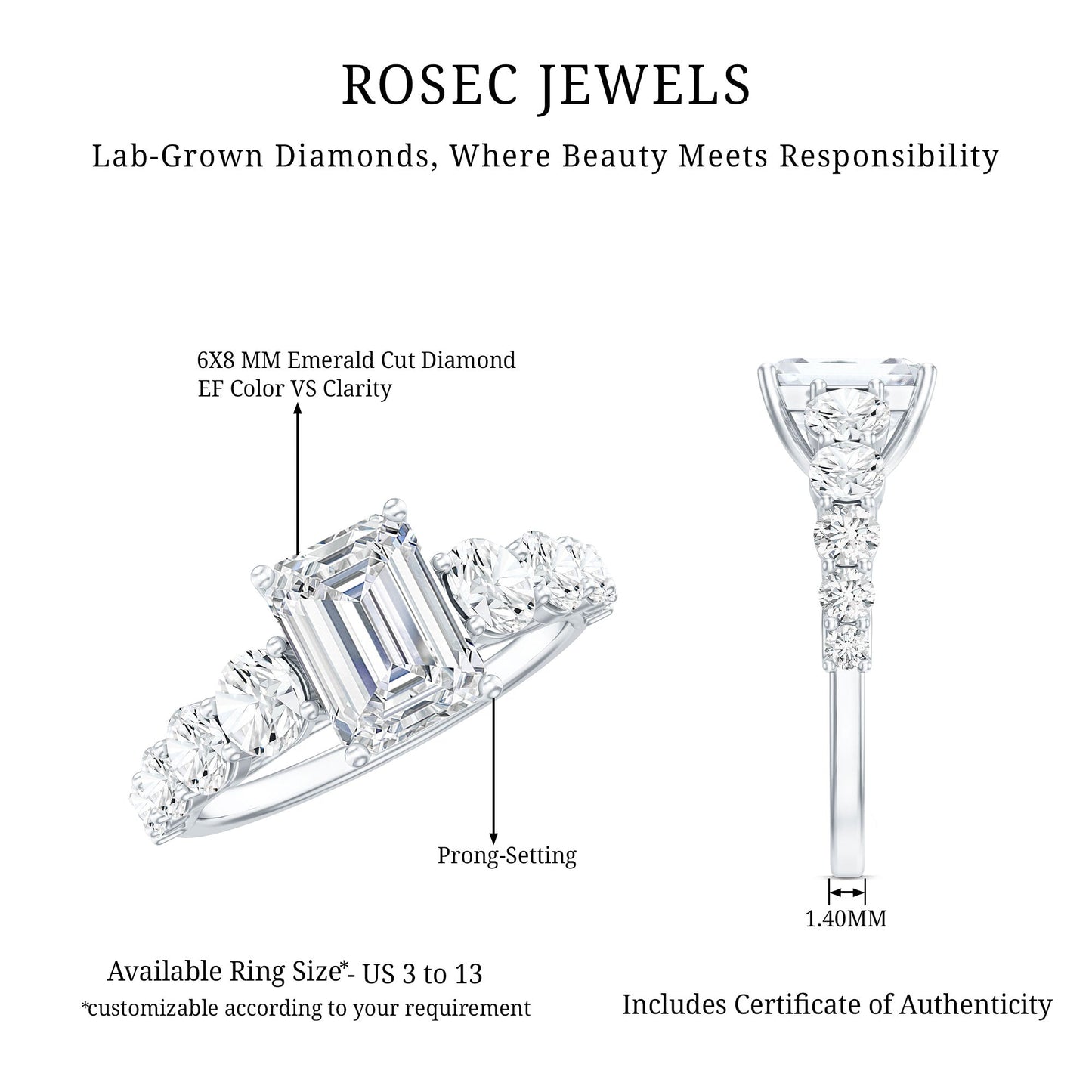 1.8 Carat Lab Grown Diamond Emerald Cut Engagement Ring With Side Stones