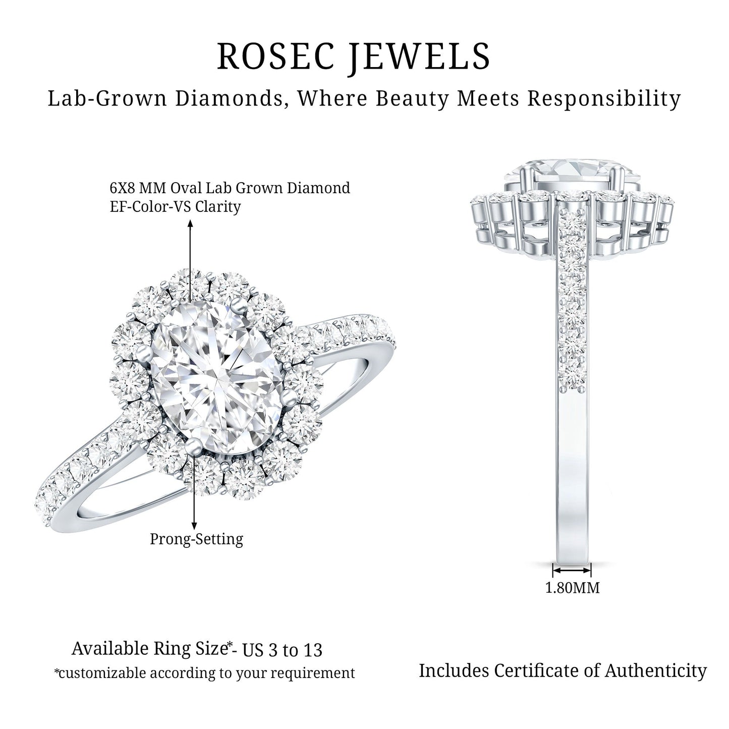 Lab Grown Diamond 1.2 Carat Oval Halo Engagement Ring With Side Stones