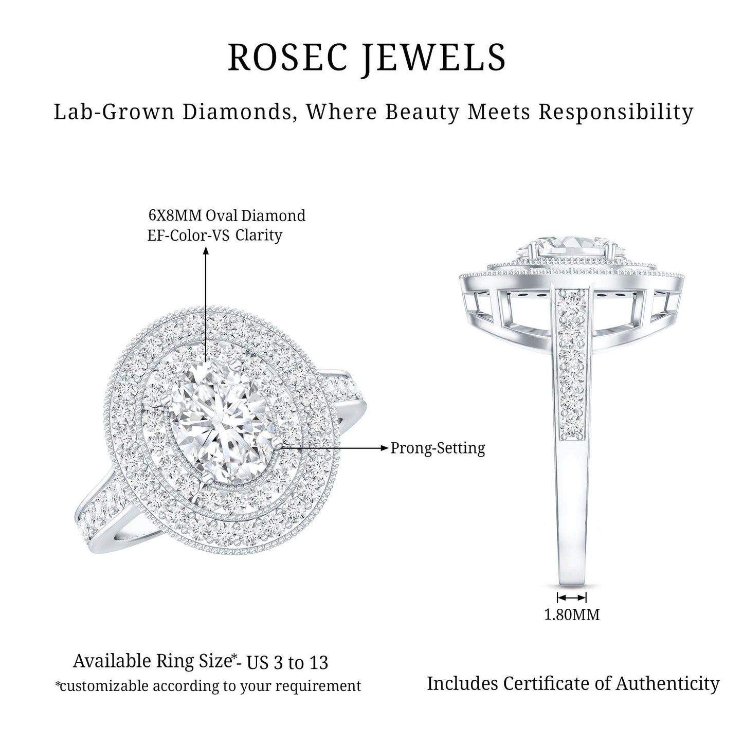 Certified 1.2 Carat Oval Lab Grown Diamond Double Halo Engagement Ring