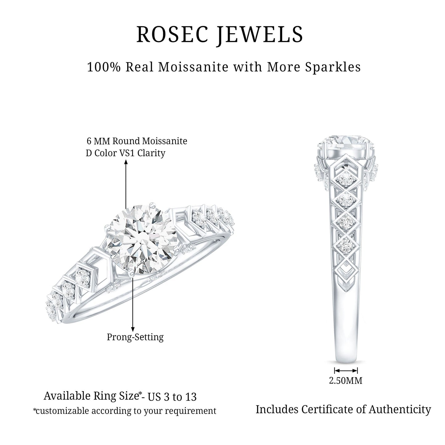 Round Cut Certified Moissanite Art Deco Engagement Ring