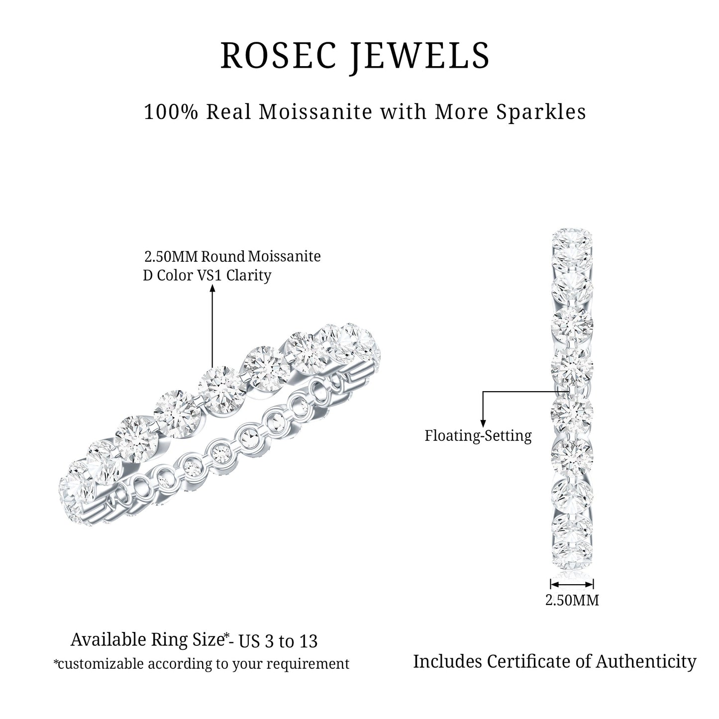Certified Round Cut Moissanite Eternity Band Ring