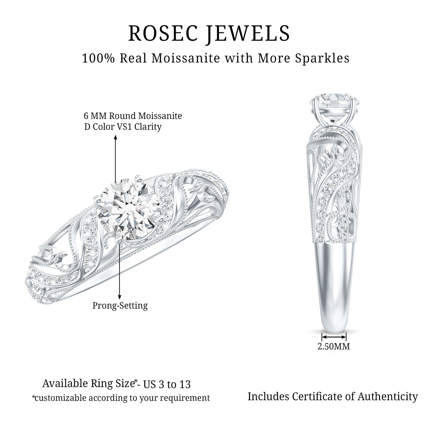 Vintage Inspired 0.98 Carat Moissanite Engagement Ring for Women