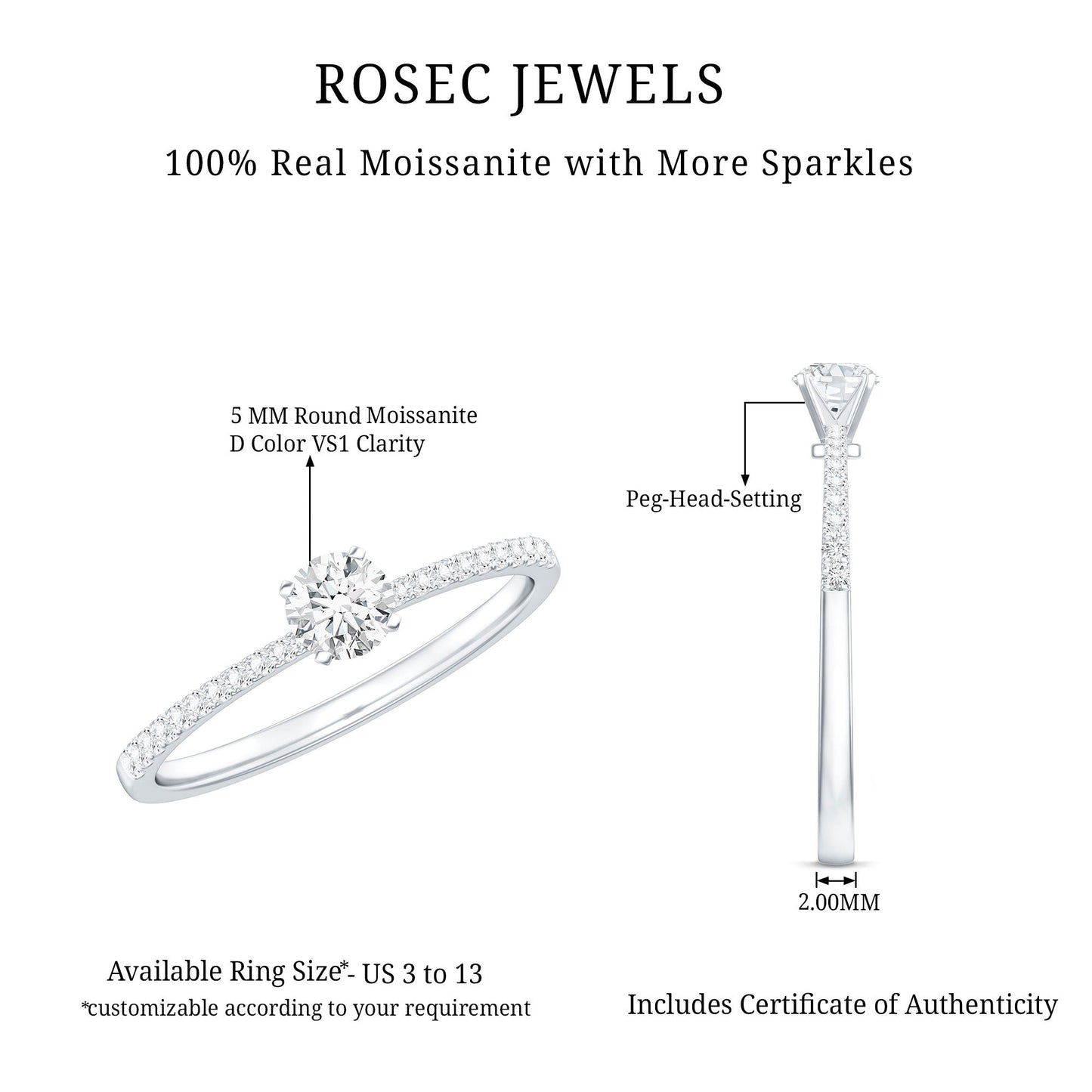 Certified 0.5 Carat Round Moissanite Solitaire Promise Ring