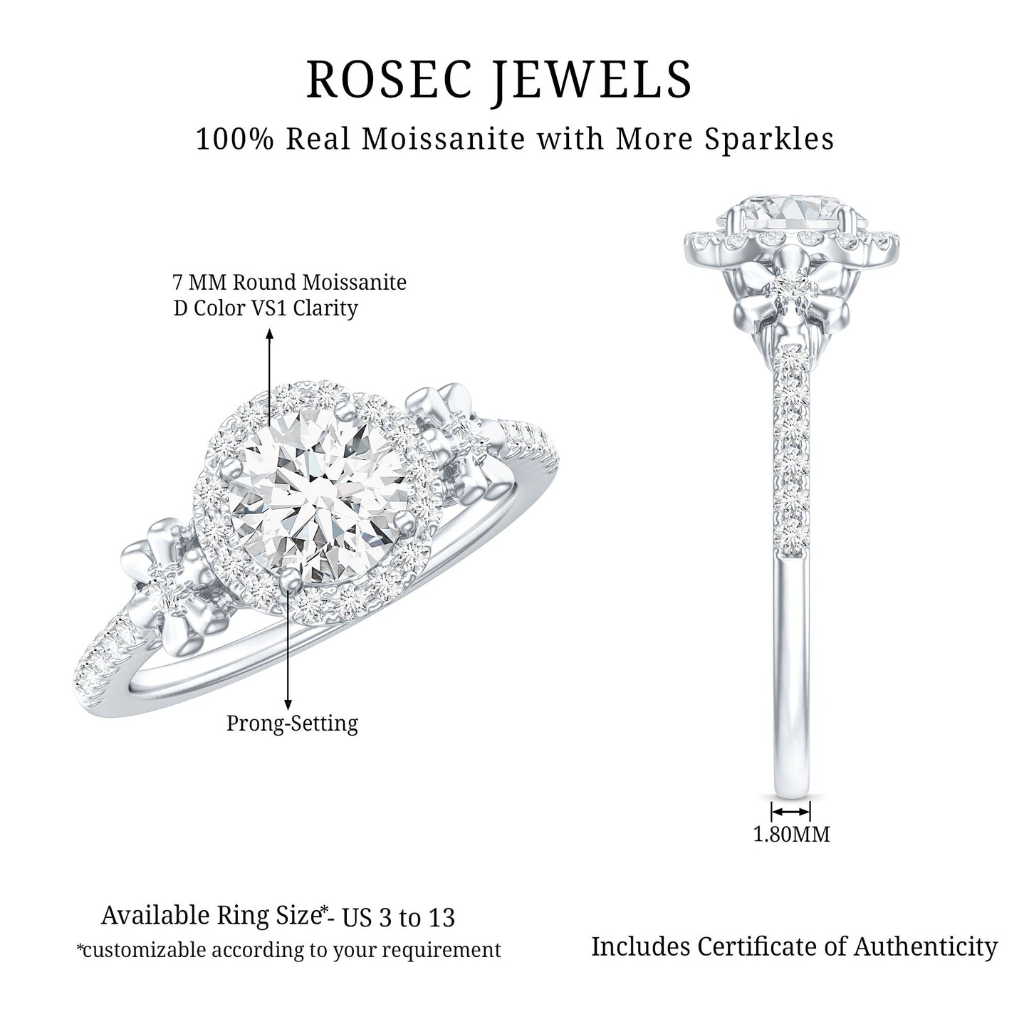 Certified 1.3 Carat Moissanite Floral Engagement Ring for Women