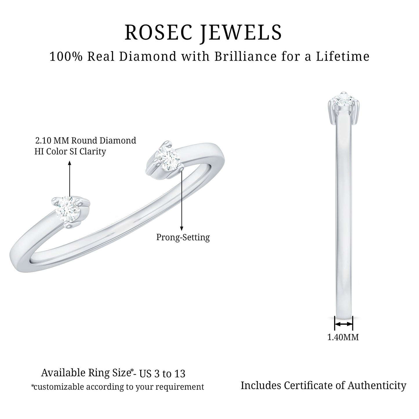 Dainty Diamond Two Stone Open Cuff Ring for Women