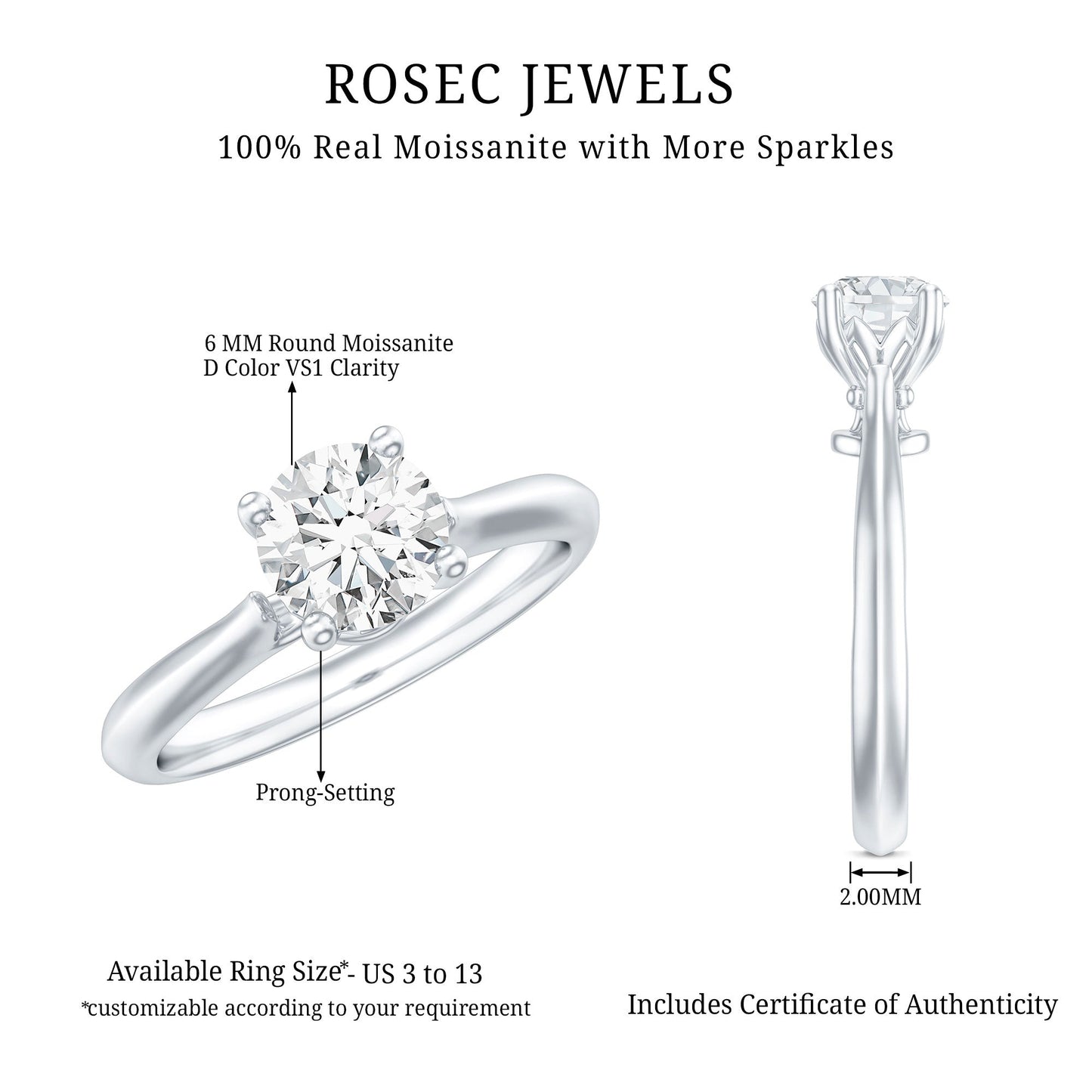 Solitaire Round Cut Moissanite Engagement Ring for Her