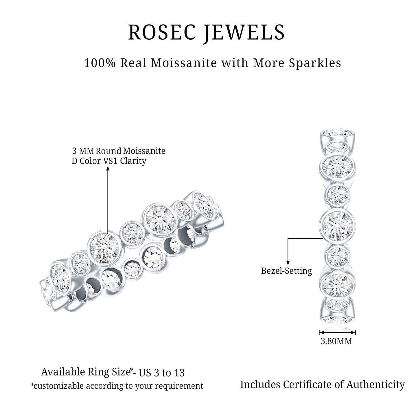 Certified Round Cut Moissanite Eternity Stackable Ring For Her
