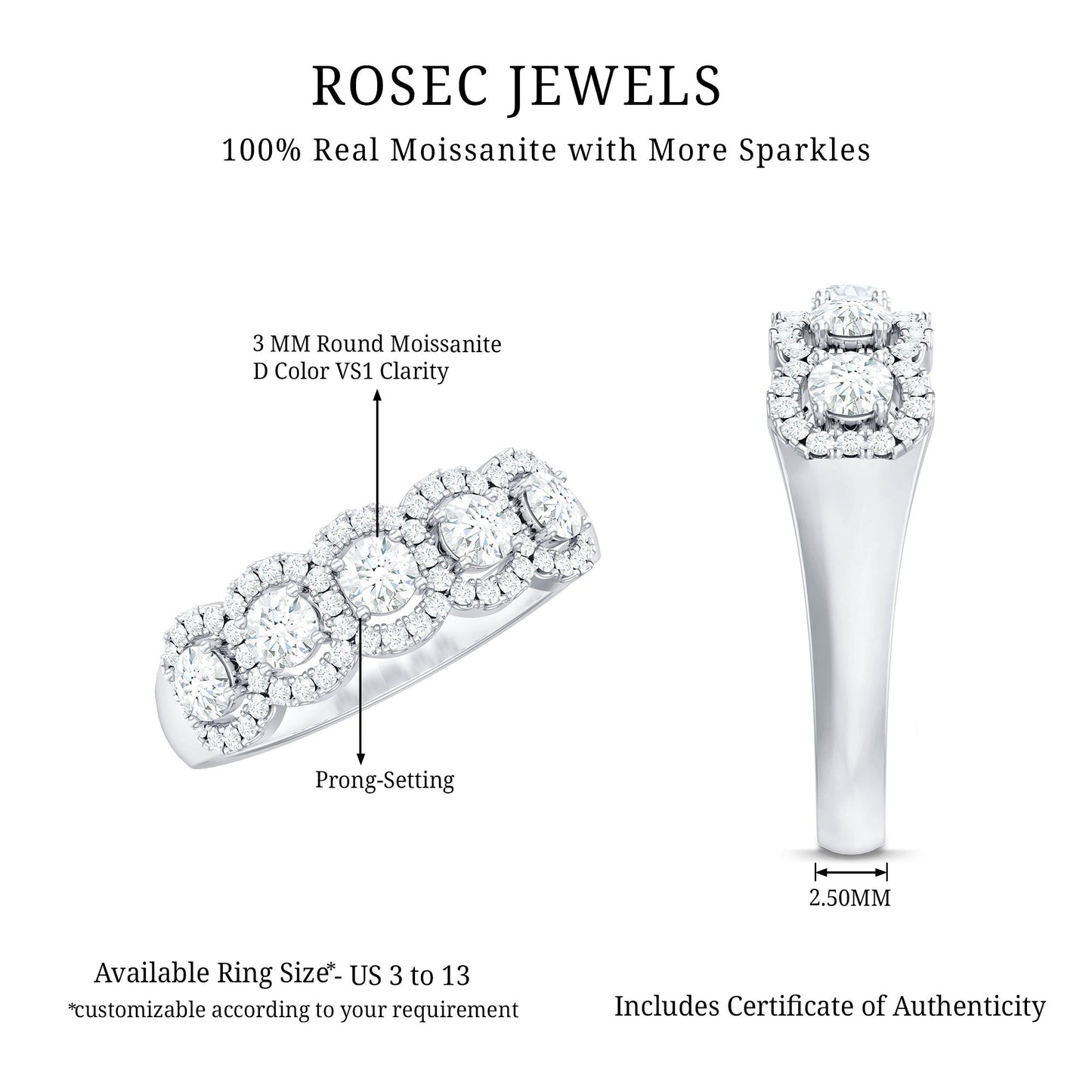Round Cut Moissanite 5 Stone Anniversary Ring with Halo