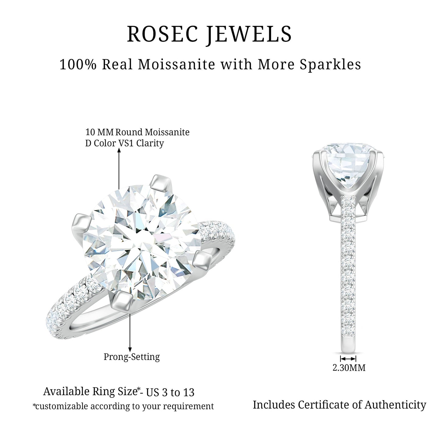 Round 4.4 Carat Moissanite Solitaire Engagement Ring with Side Stones