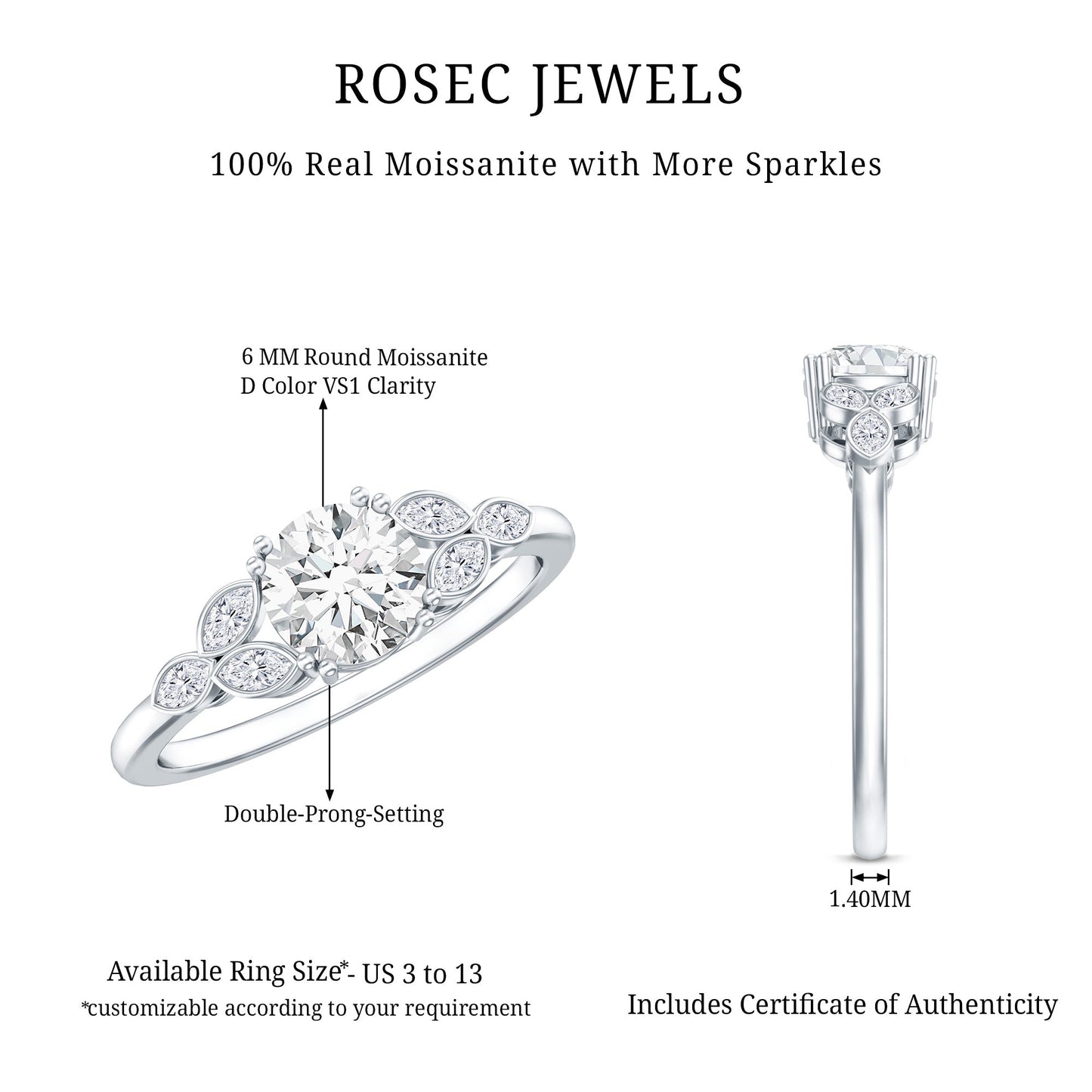 Certified Moissanite Solitaire Engagement Ring with Trio