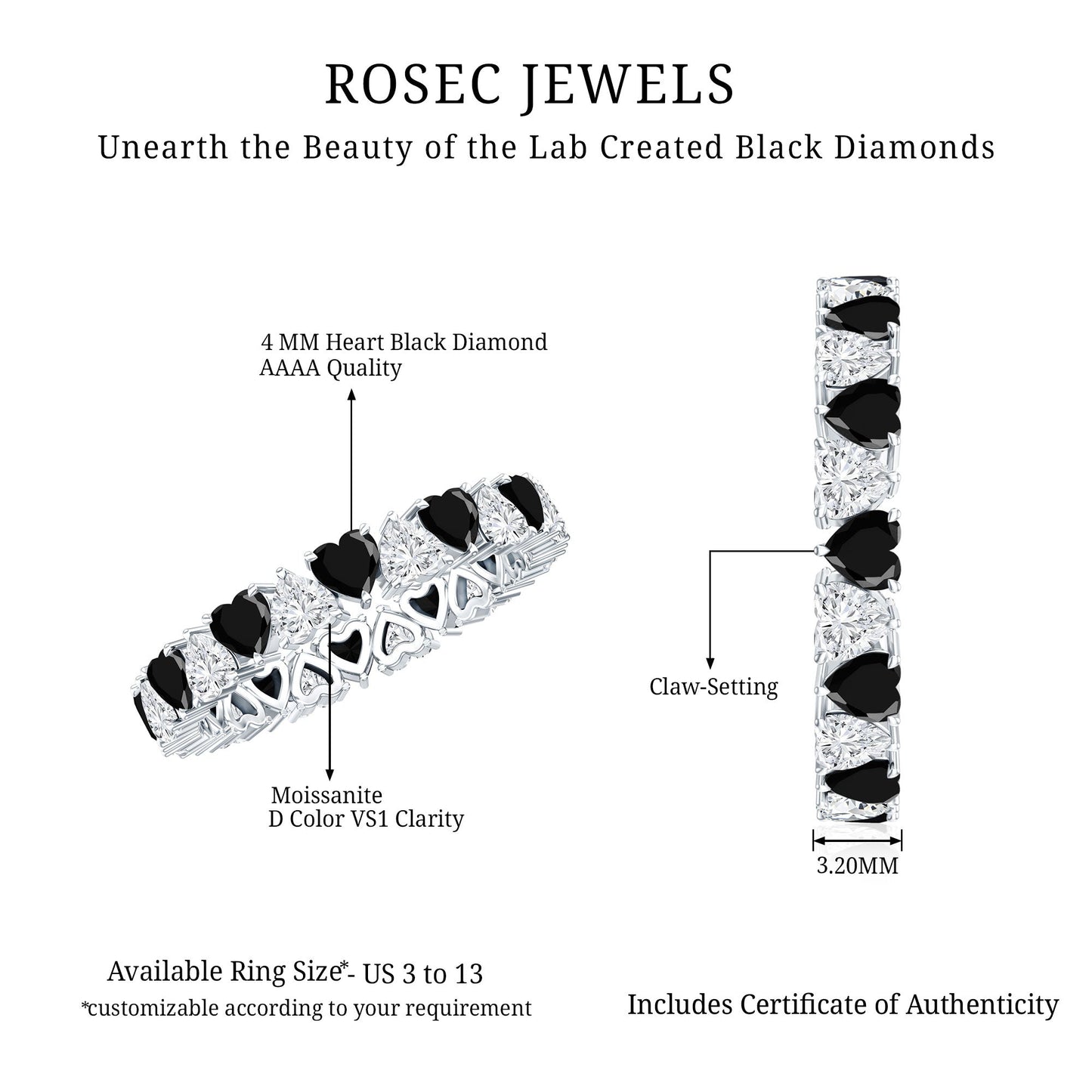 Heart Shape Lab Grown Black Diamond Eternity Band With Moissanite