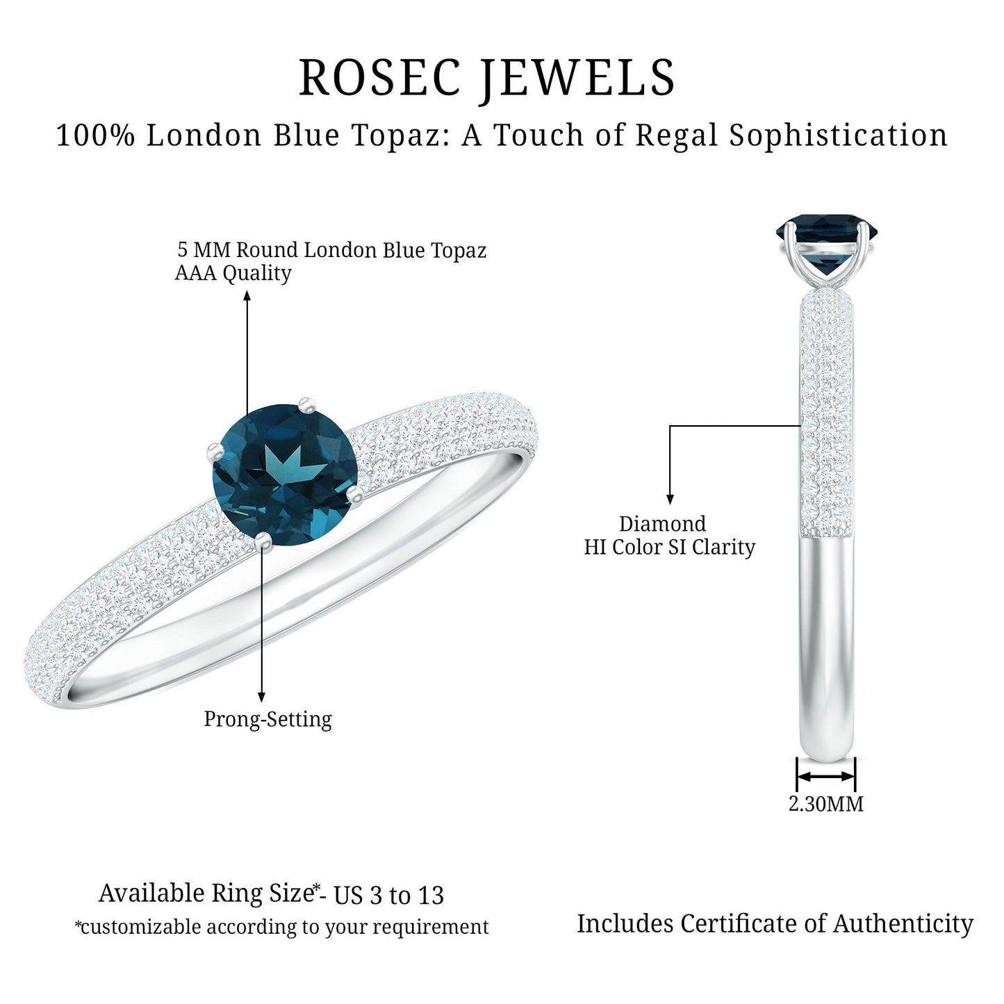 0.6 Carat London Blue Topaz Solitaire Promise Ring with Diamond