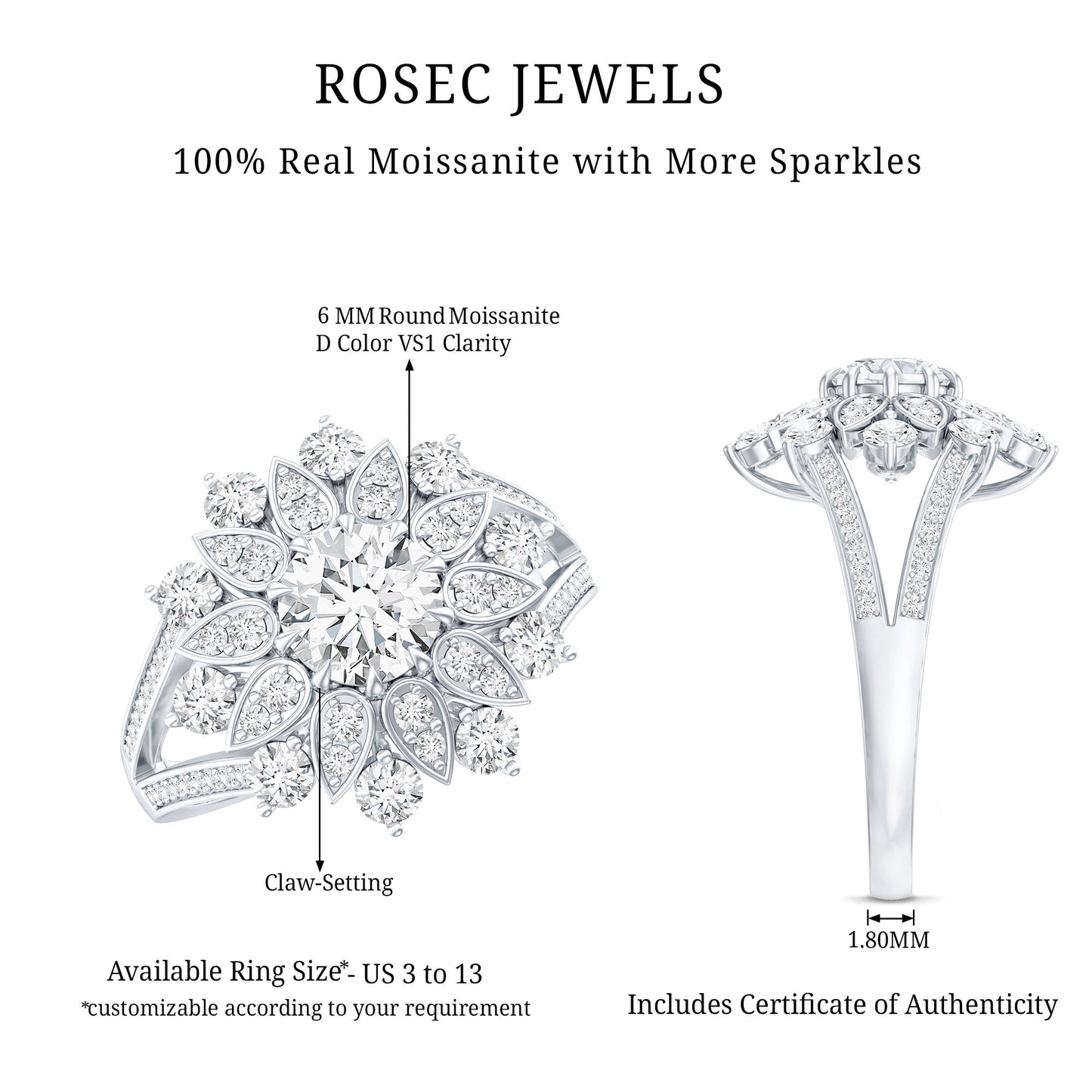 Certified Moissanite Statement Flower Engagement Ring