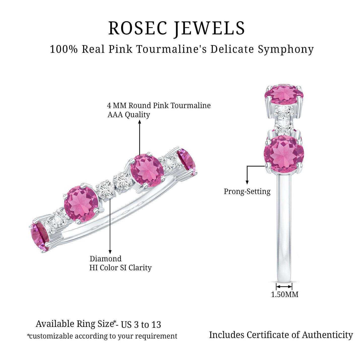 Alternate Semi Eternity Ring with Pink Tourmaline and Diamond