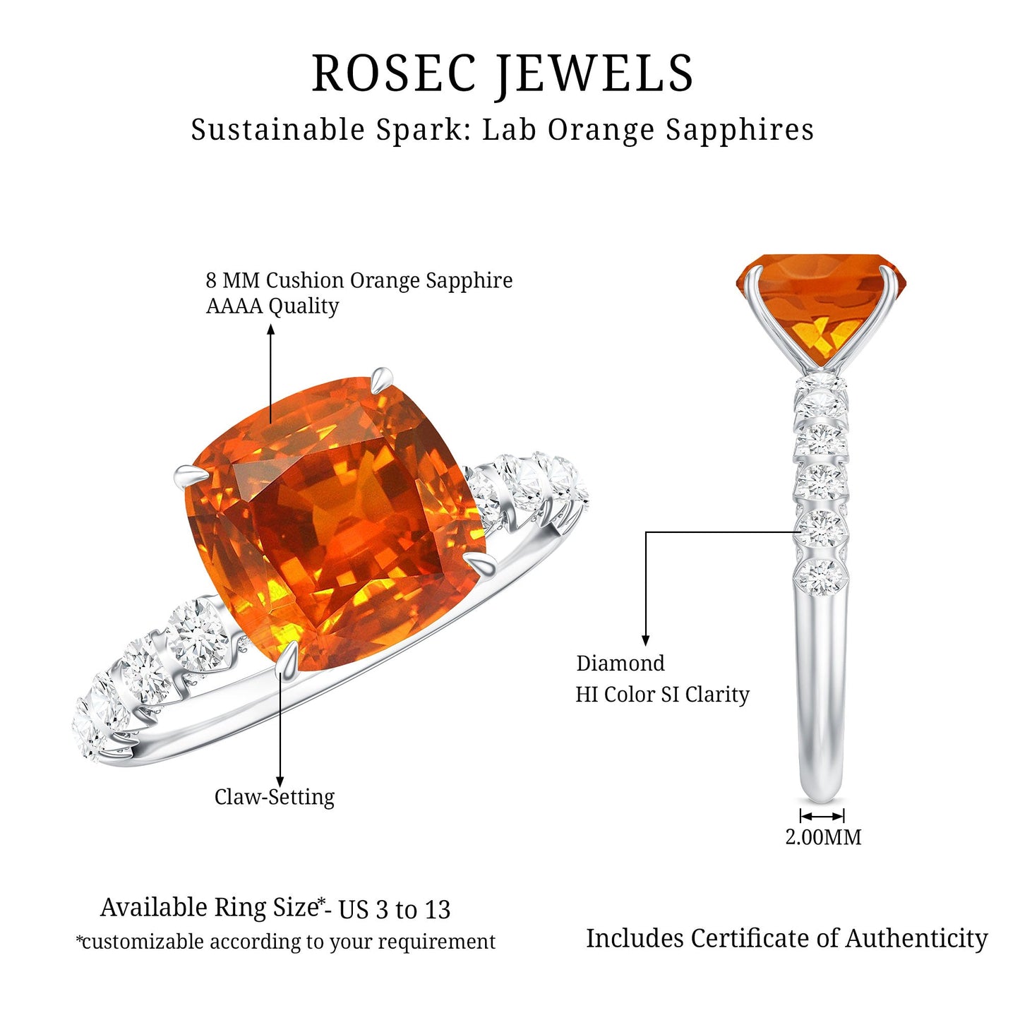 2.75 Carat Lab Grown Orange Sapphire Cushion Cut Engagement Ring with Diamond