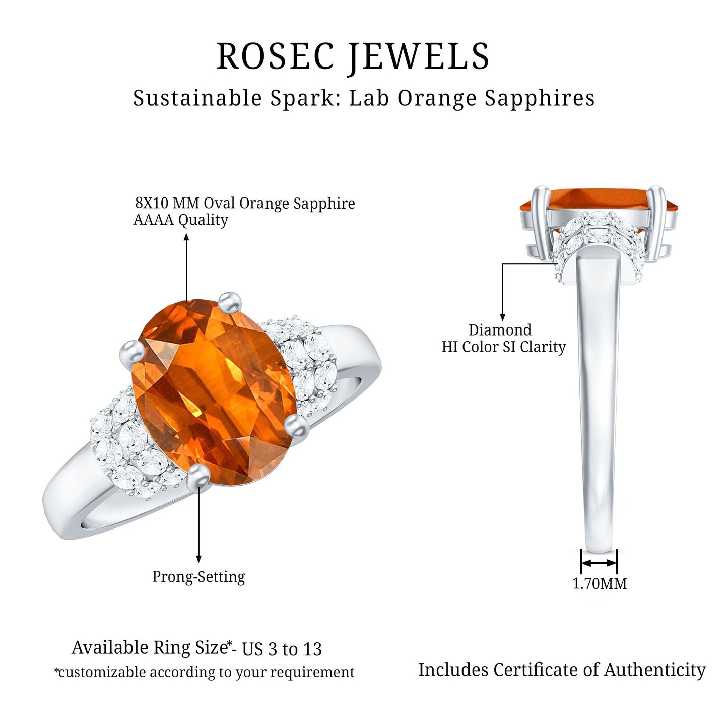 4 Carat Oval Lab Grown Orange Sapphire Engagement Ring with Diamond Side Stones