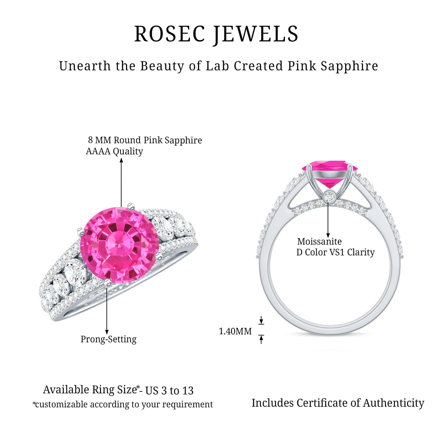 Created Pink Sapphire Engagement Ring with Moissanite Side Stones