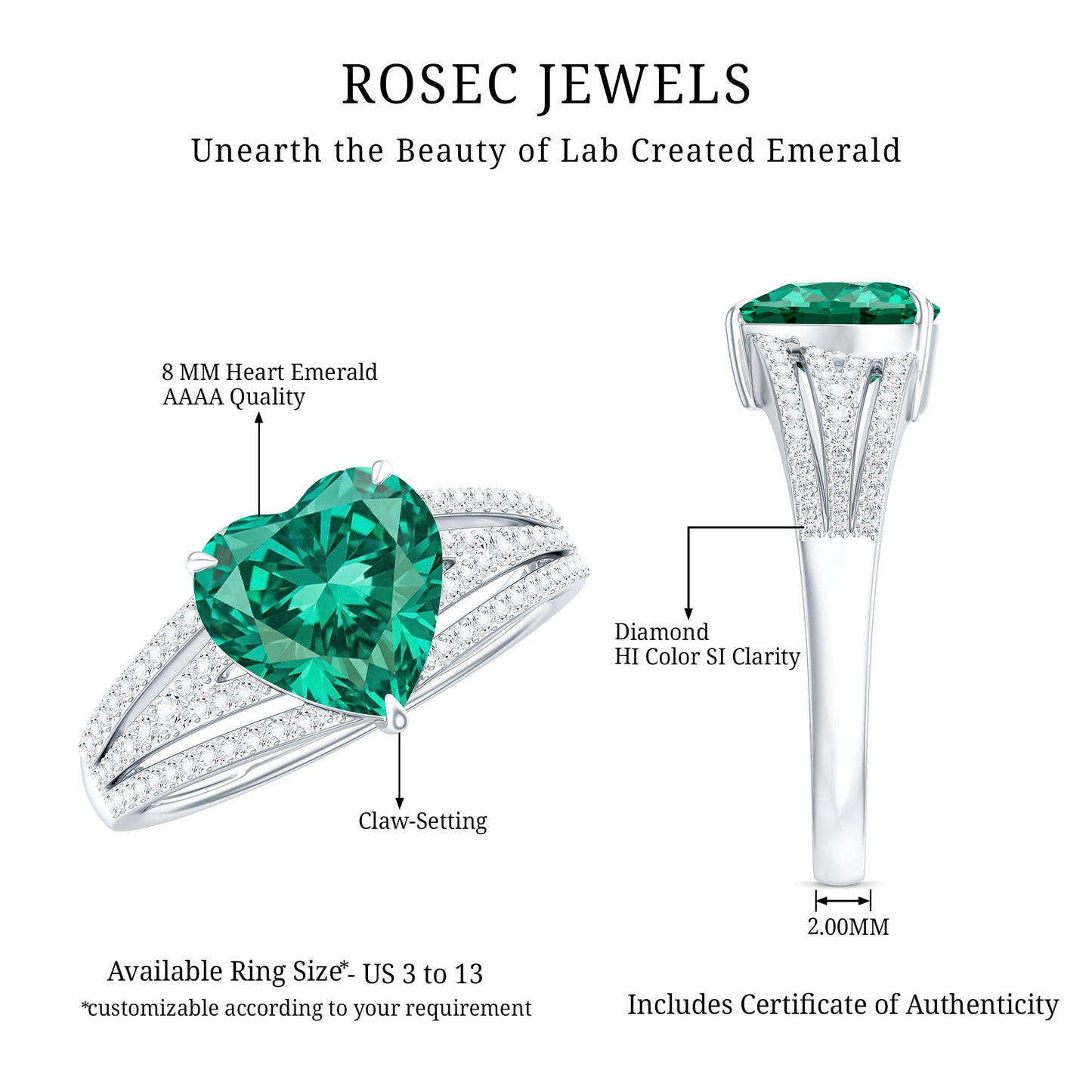 Designer 2 Carat Lab Grown Emerald Heart Engagement Ring With Diamonds