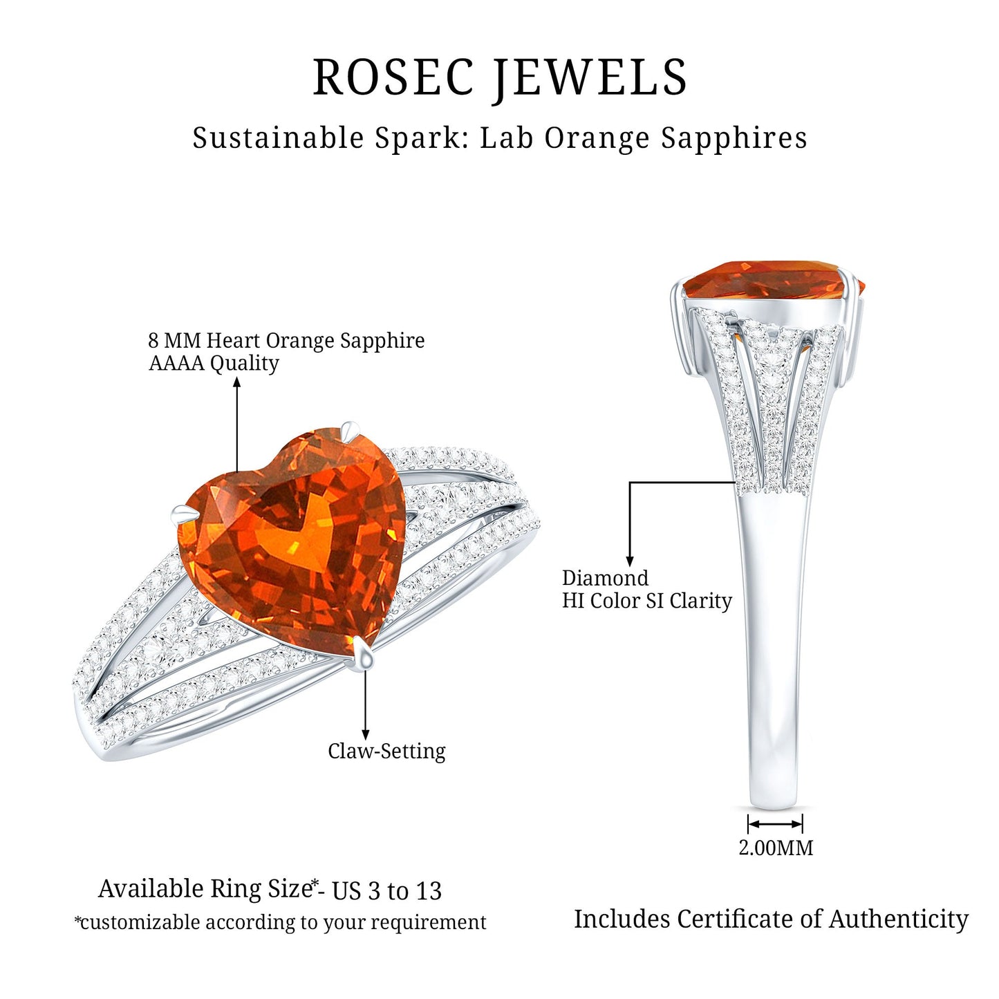 2 Carat Lab Grown Orange Sapphire Heart Engagement Ring with Diamond Split Shank
