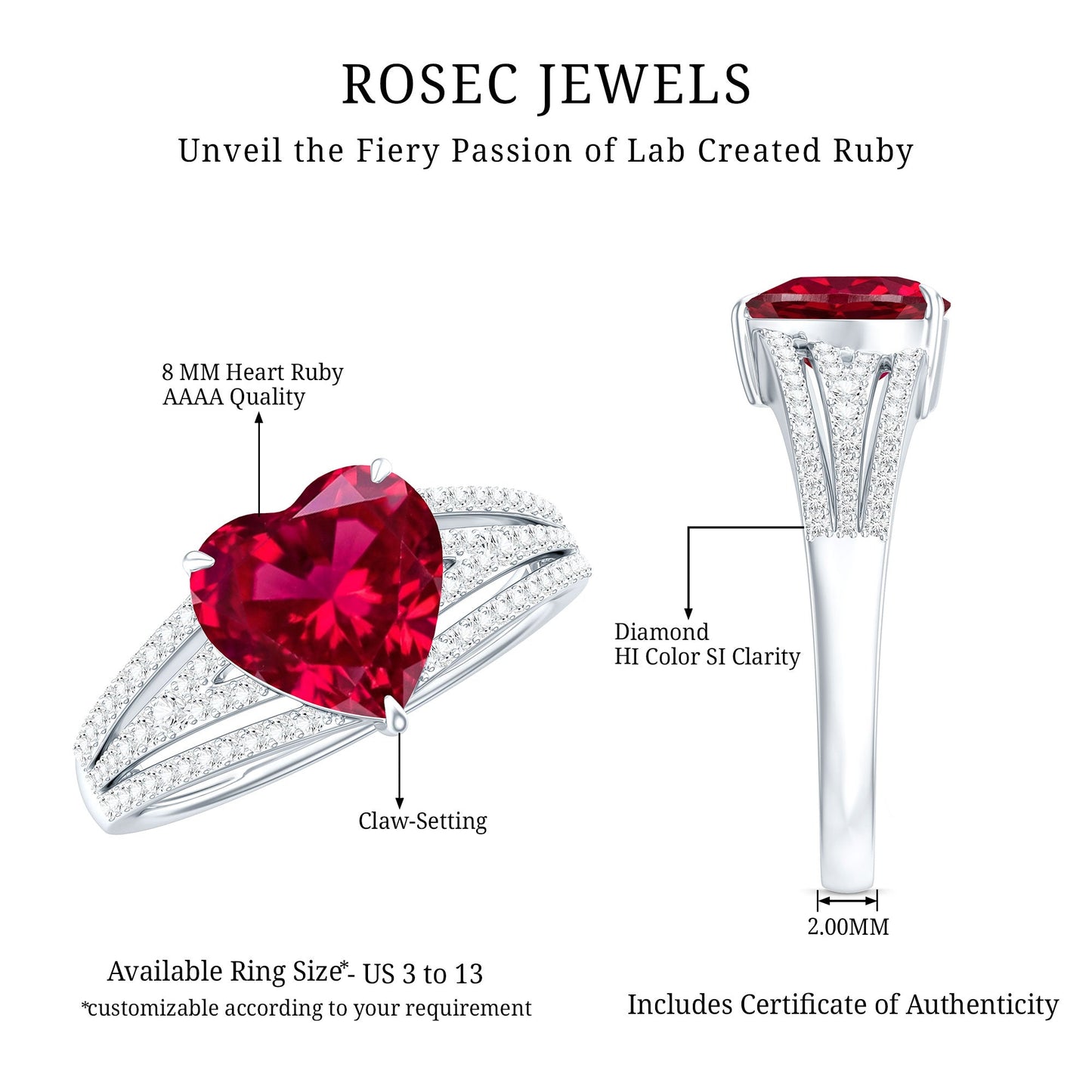 Heart Shape Created Ruby Engagement Ring with Diamond