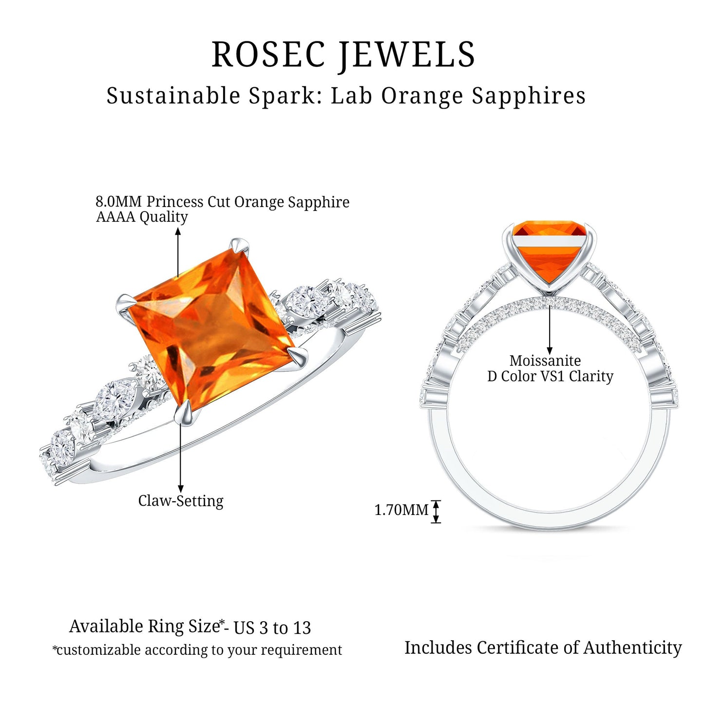 2.75 Carat Lab Grown Orange Sapphire Princess Cut Engagement Ring with Side Stones