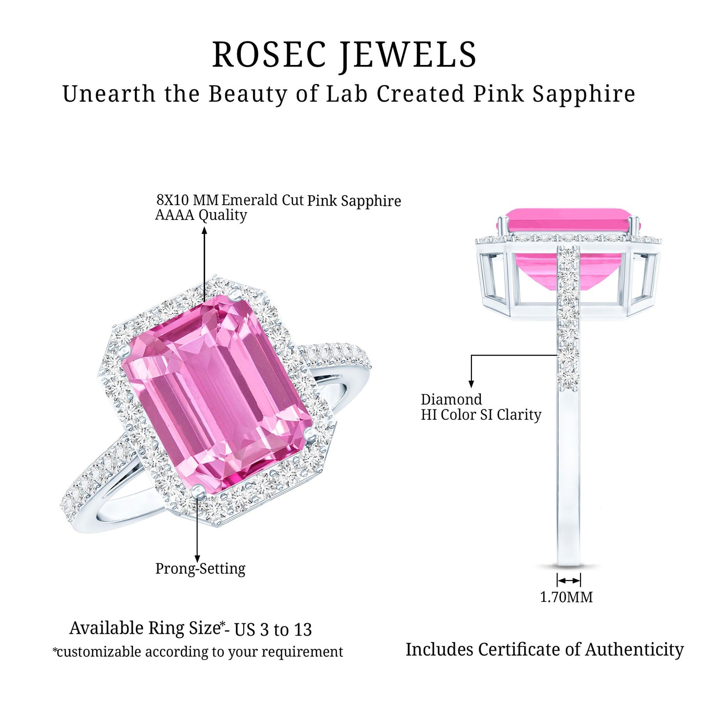 2.75 Carat Lab Grown Pink Sapphire Emerald Cut Engagement Ring with Diamond