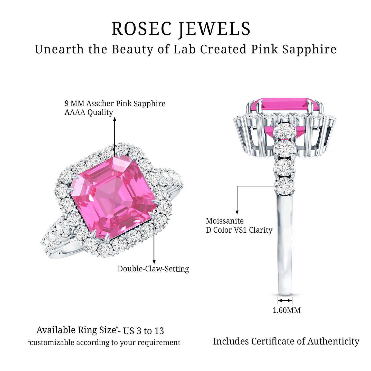 6.75 Carat Lab Grown Pink Sapphire Asscher Cut Engagement Ring with Moissanite Halo